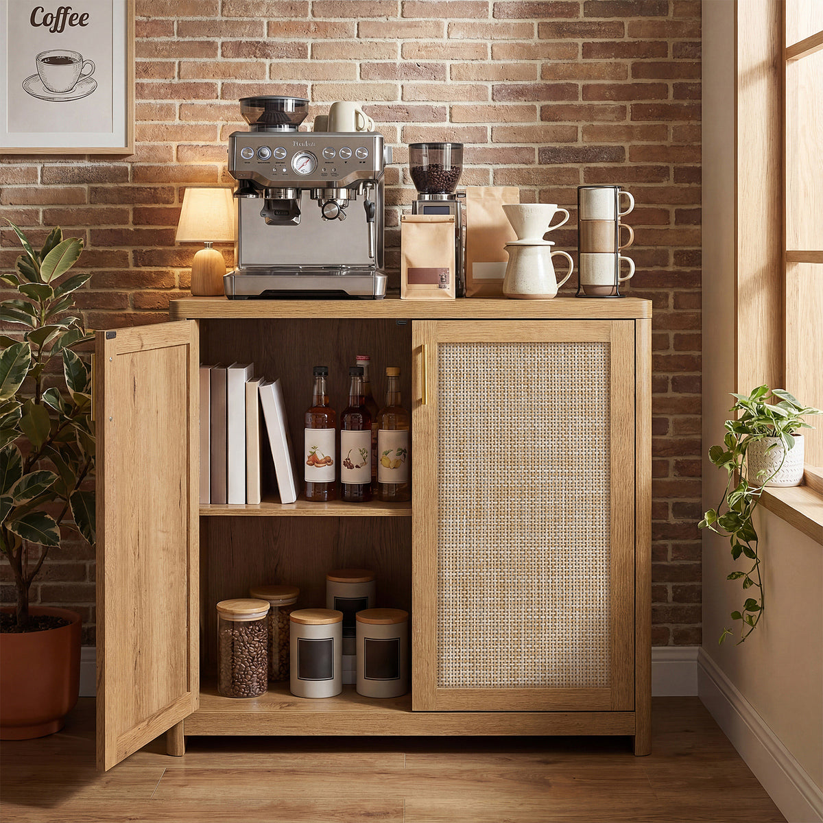Boho Buffet Cabinet, Sideboard Storage with Rattan-Look Doors, Adjustable Shelf, Rounded Corners, for Kitchen Dining Room, Natural Brown