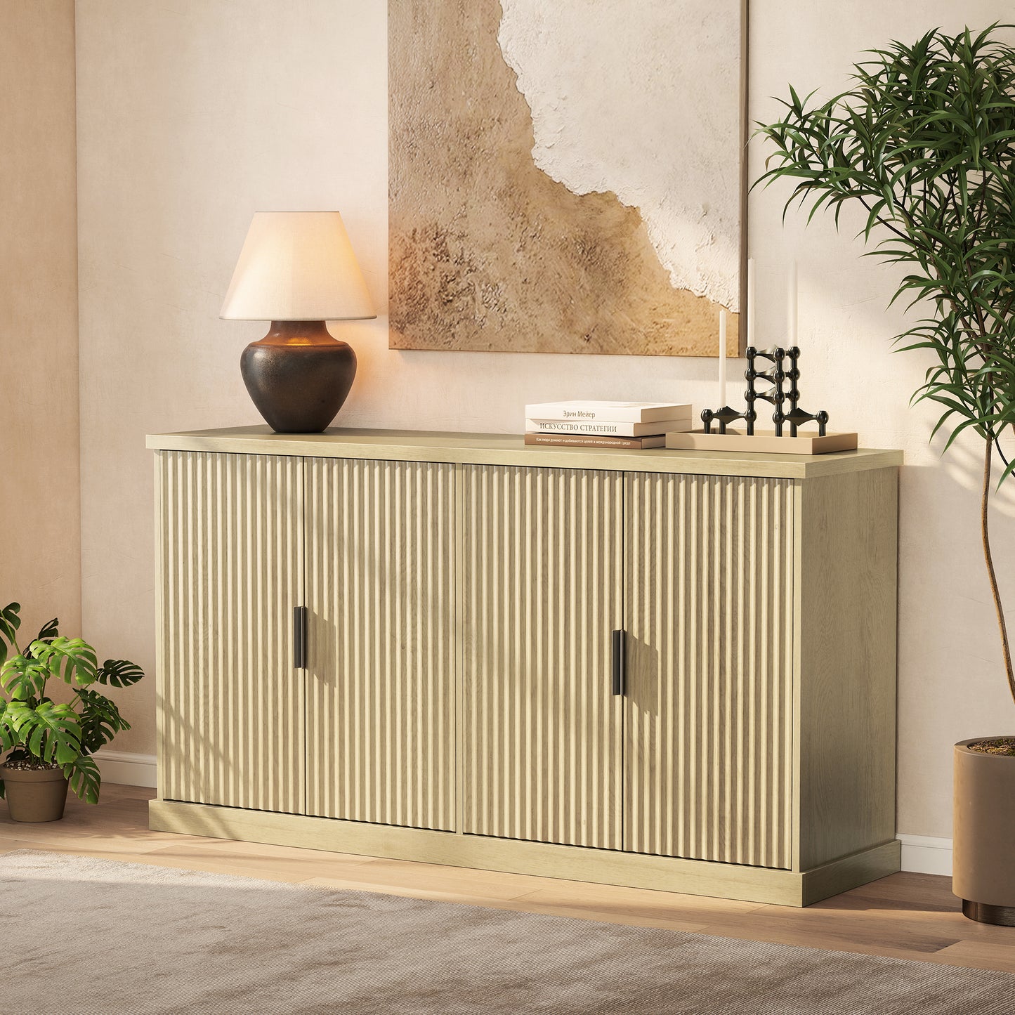Fluted Buffet Cabinet, 58.3 Inch Mid-Century Modern Sideboard with Adjustable Shelves & Cable Port, Oak Beige