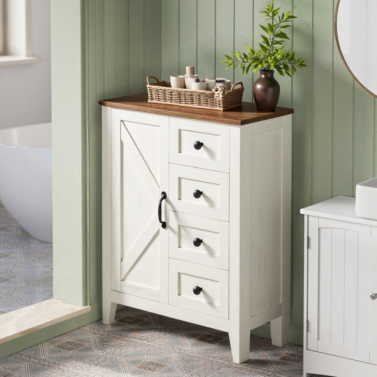 Farmhouse Storage Cabinet, Freestanding Floor Cabinet with 4 Drawers, Barn Door, Adjustable Shelf, for Bathroom Kitchen Entryway, Rustic White