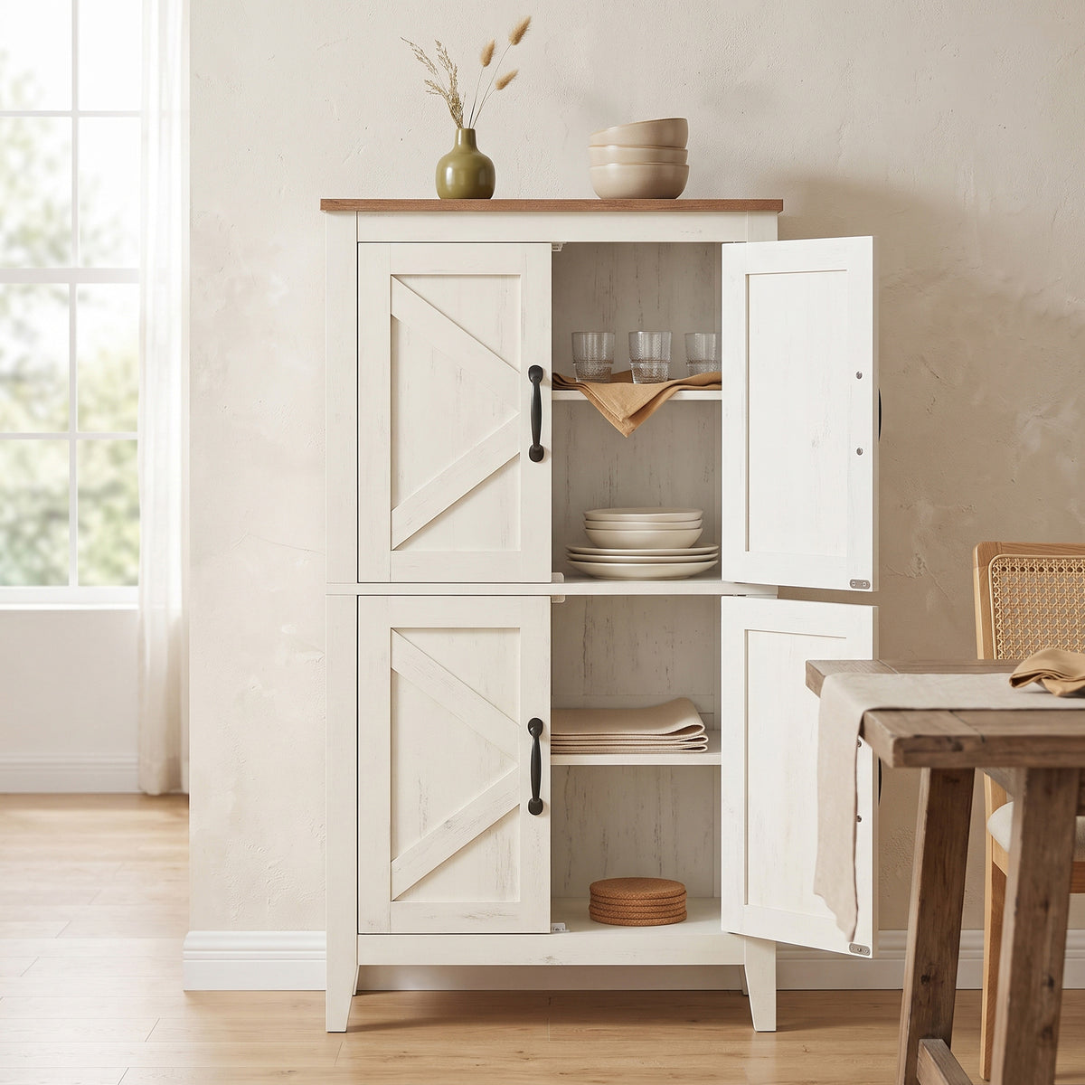 Farmhouse Storage Cabinet, Floor Cabinet with Barn Doors, Freestanding Kitchen Pantry, Adjustable Shelves, for Bathroom Dining Room, Rustic White