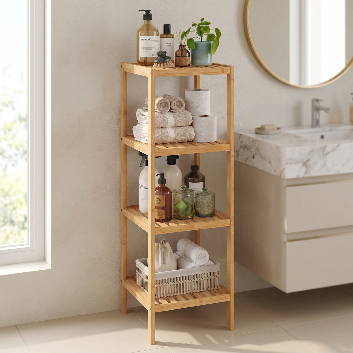 LEDREM Bamboo Bathroom Shelf, 4-Tier Narrow Shelving Unit, Multifunctional Storage Rack, for Kitchen, Living Room, Bedroom, Bathroom, Light Bamboo