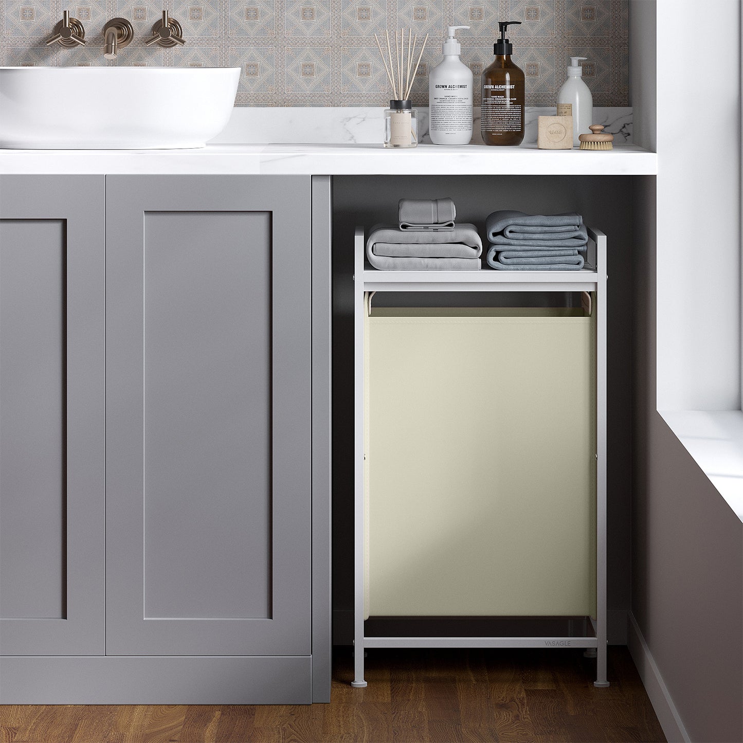 Laundry Hamper with Removable Washable Bags, Pull-Out Shelf, Metal Frame, 12.4 Gallons Capacity, Space-Saving Design for Home, Bedroom, Bathroom, Cream White