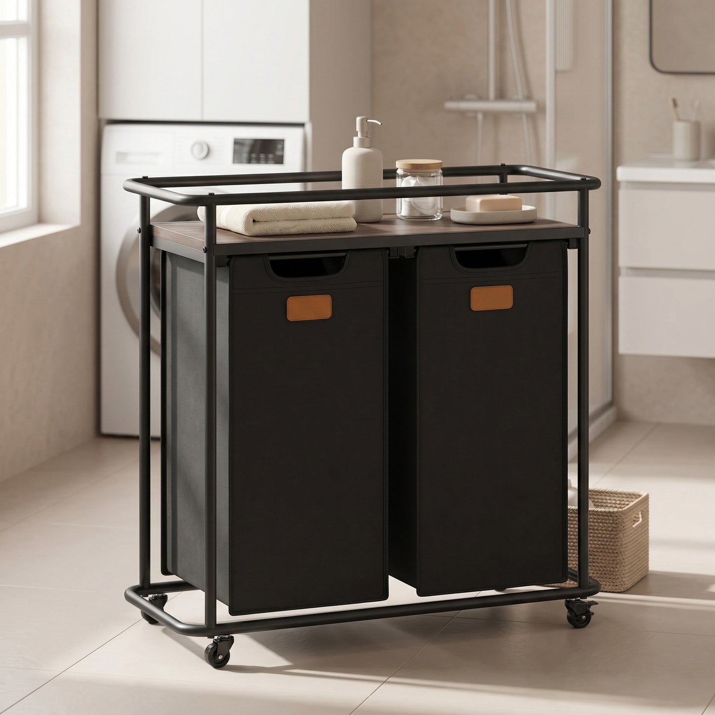 Laundry Sorter, Rolling Laundry Hamper with Wheels and Shelf, 2 Bags, 100 L, 28.5 x 13 x 31.3 Inches, Black and Burgundy