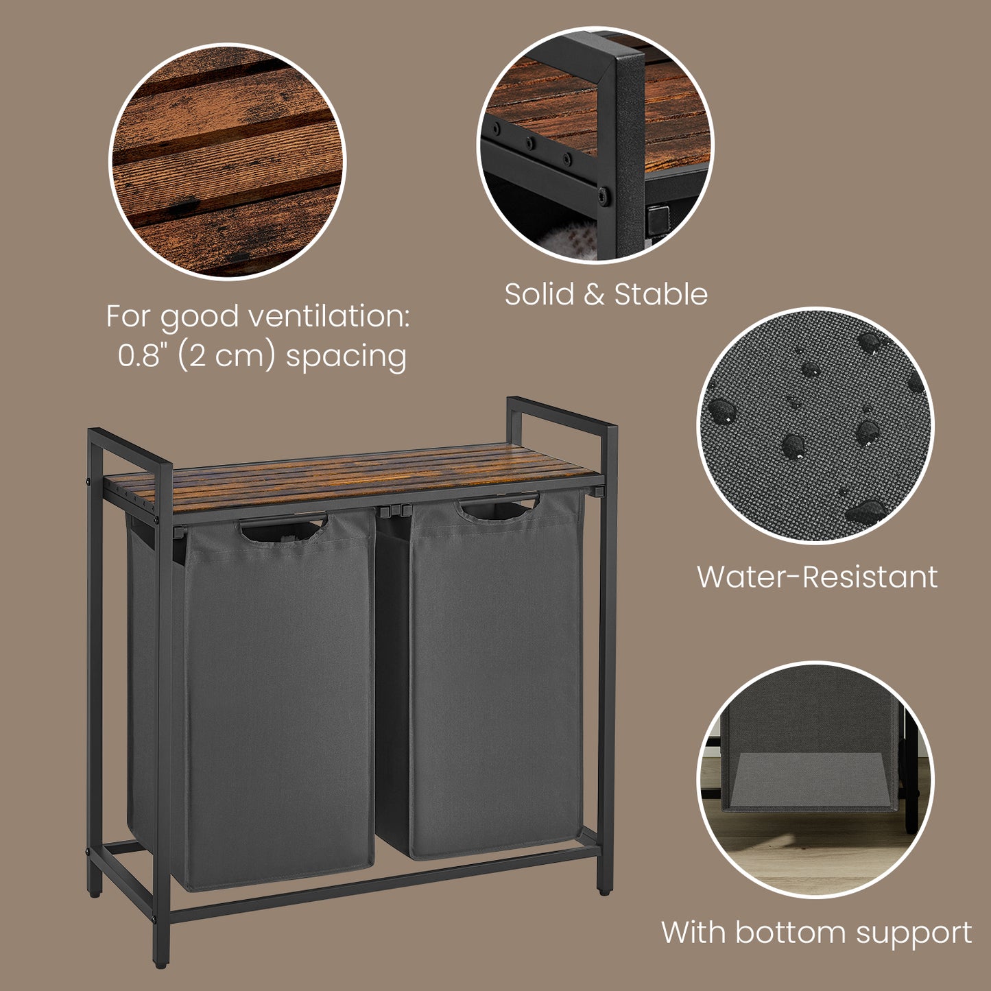 Laundry Sorter Hamper with 2 Pull-Out Bags, Detergent Shelf, Sturdy Metal Frame & Adjustable Feet, 24.2 Gallons Capacity, 2-Compartment for Clothes Organization, Rustic Brown,Gray