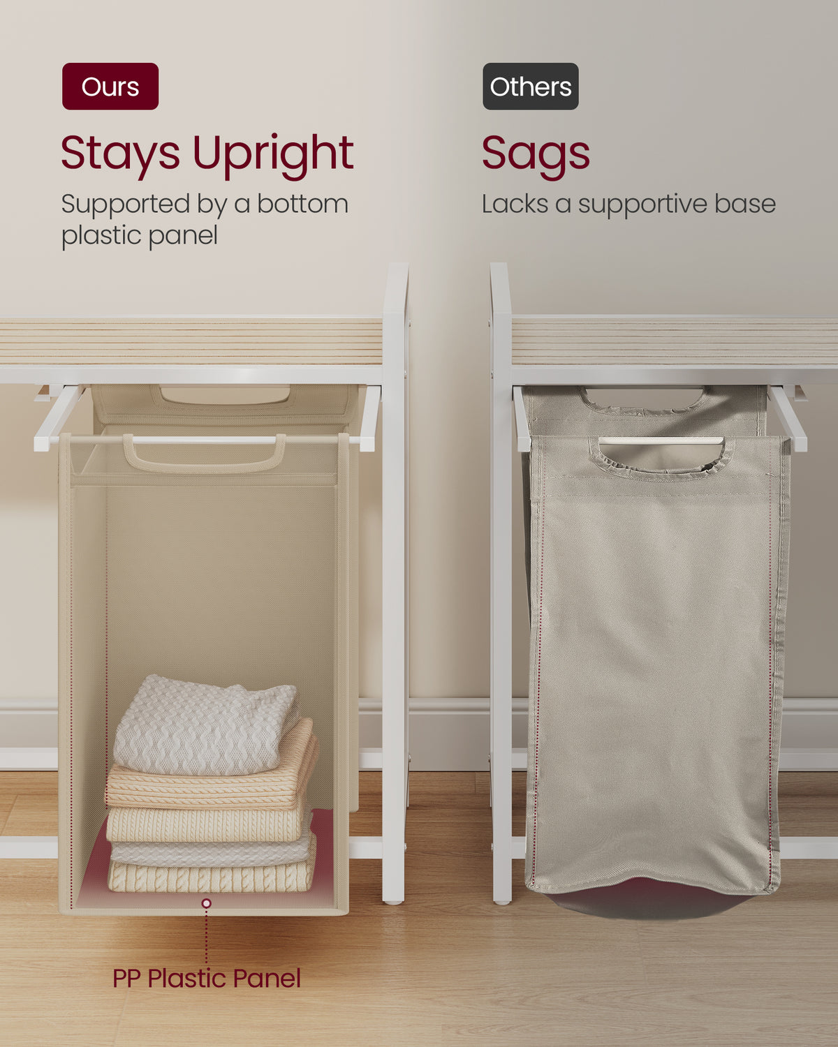 Laundry Hamper with 2 Pull-Out Removable Bags, Sorting Basket, Shelf with Metal Frame, 12.1 Gal Each, for Bathroom Bedroom, Cappuccino Beige and Natural Beige