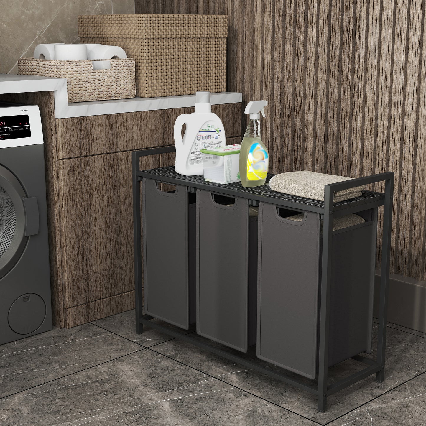 3-Compartment Laundry Sorter with Shelf & Removable Bags, 31.7 Gallon Capacity, Steel Frame, Space-Saving Design, Slate Gray and Charcoal Gray