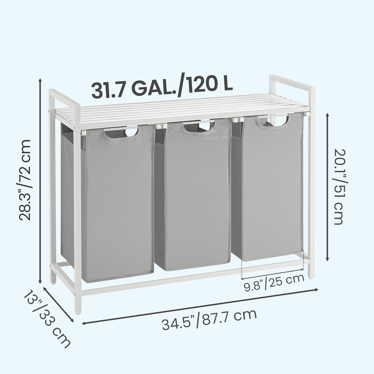 LEDREM 3-Compartment Laundry Basket with Pull-Out and Removable Liner Bags, Clothes Sorter with Shelf and Metal Frame, Dove Gray and Cloud White