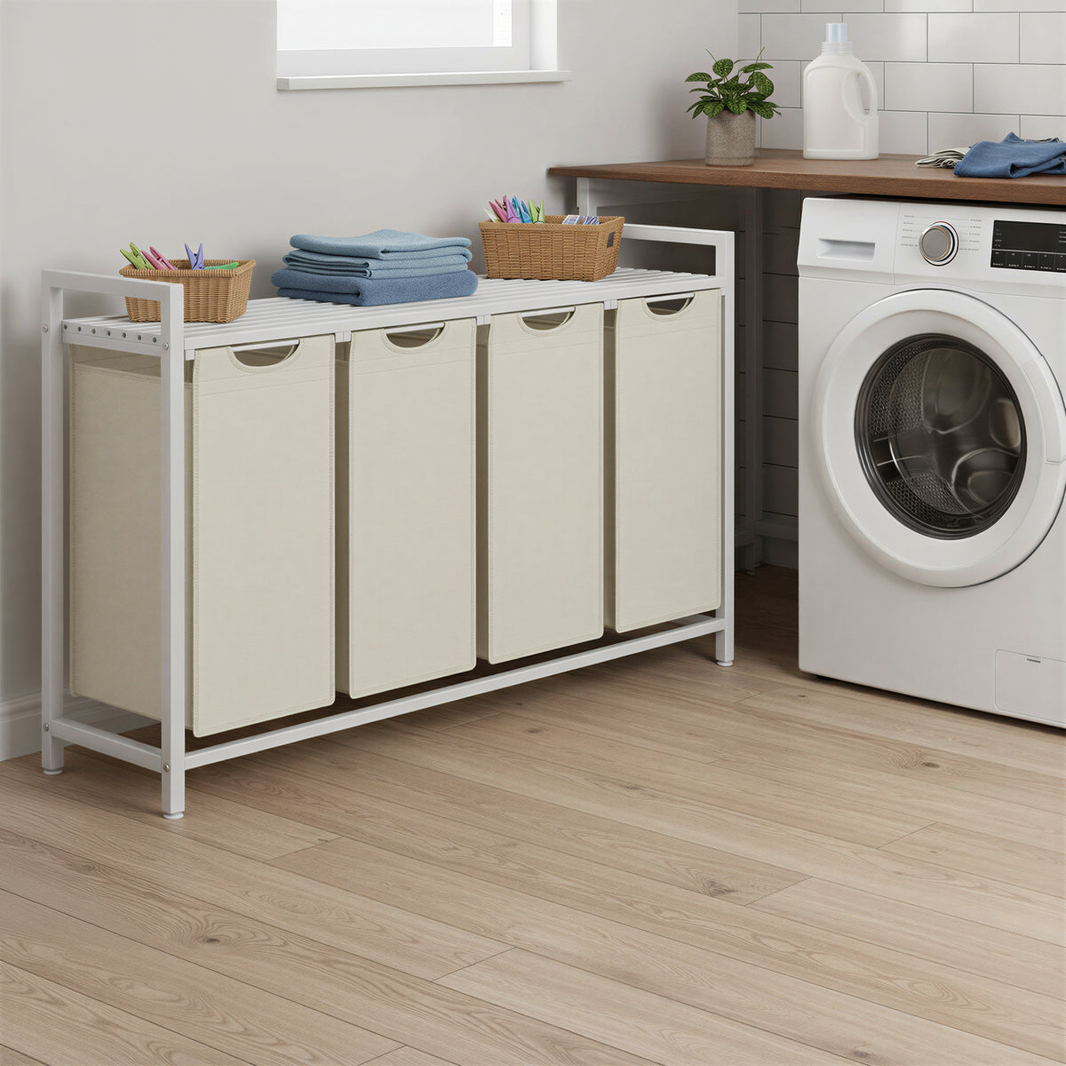 LEDREM 4-Section Clothes Sorter with Removable Liner Bags, Laundry Hamper, Metal Shelf for Bedroom, White