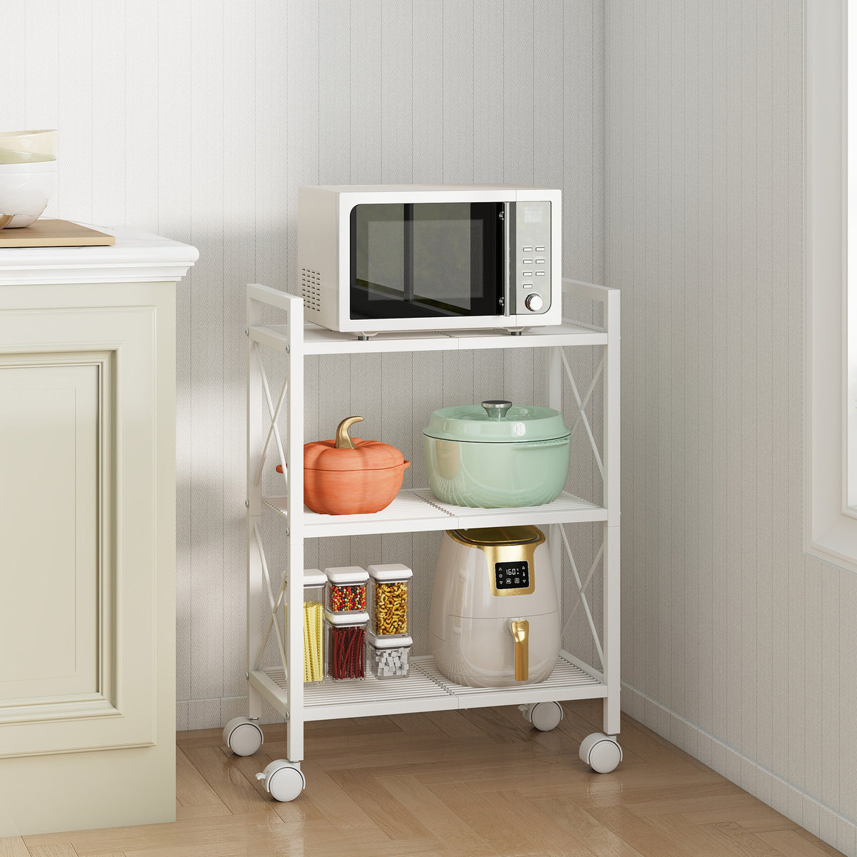 LEDREM 3-Tier Mesh Shelving Unit with Wheels, Heavy Duty Steel Storage Rack, 22.8 x 11.8 x 32.6 Inches, White