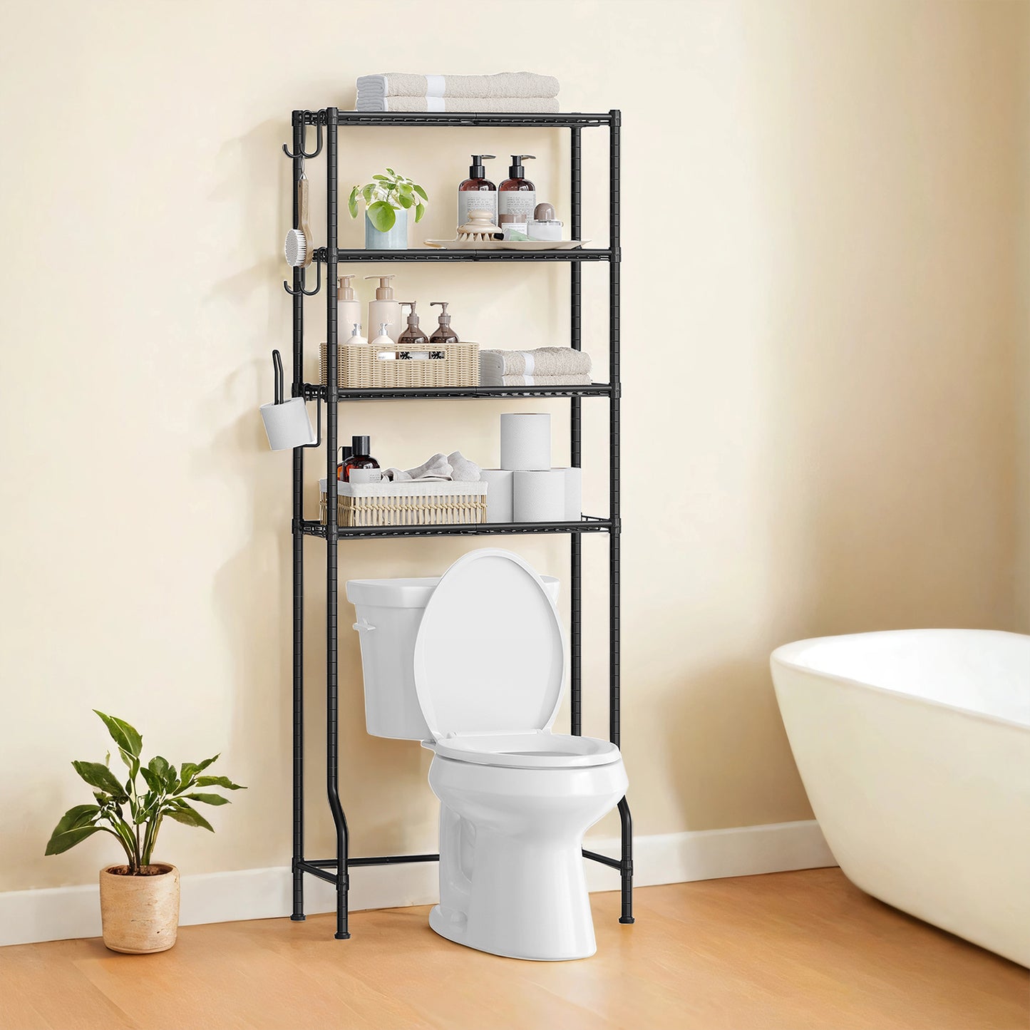 4-Tier Over-The-Toilet Storage Shelf with Adjustable Shelves & Hooks, Space-Saving Bathroom Organizer with Roll Holder, Black