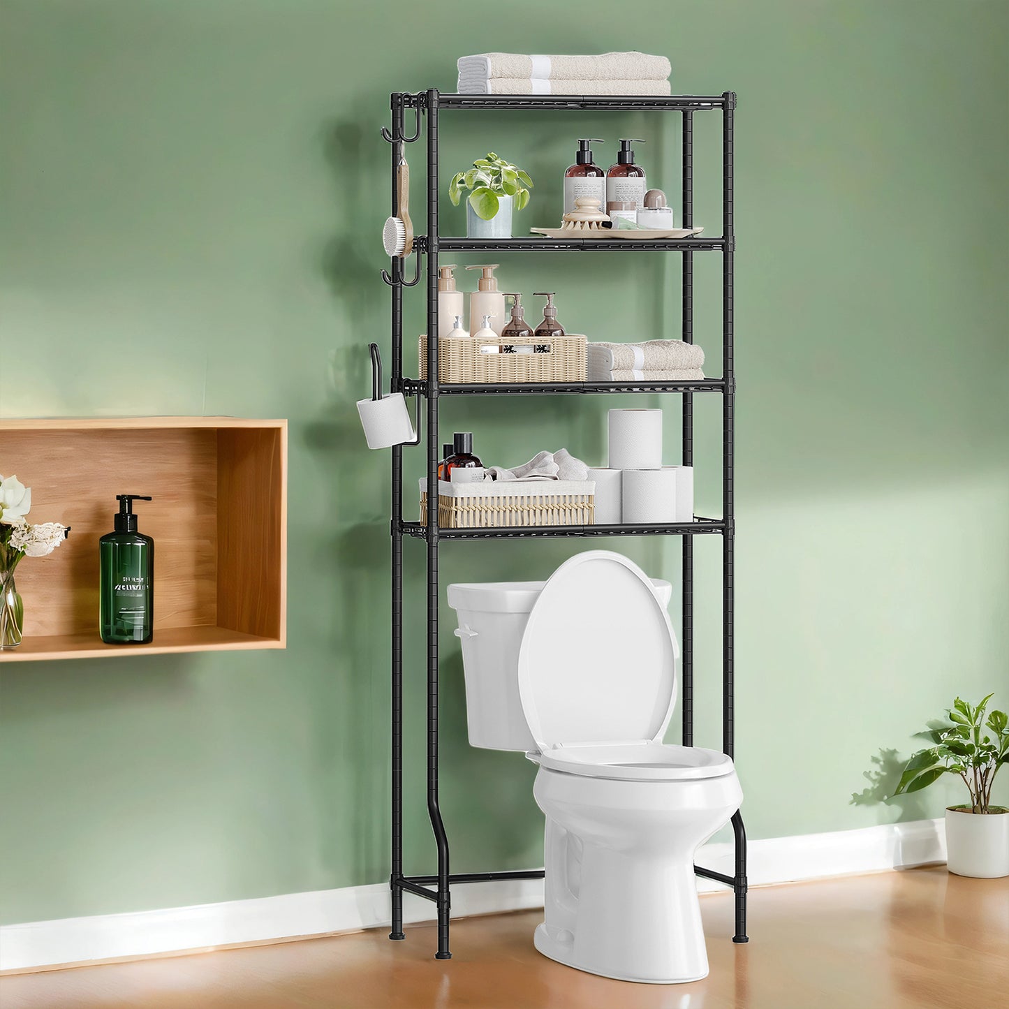 4-Tier Over-The-Toilet Storage Shelf with Adjustable Shelves & Hooks, Space-Saving Bathroom Organizer with Roll Holder, Black
