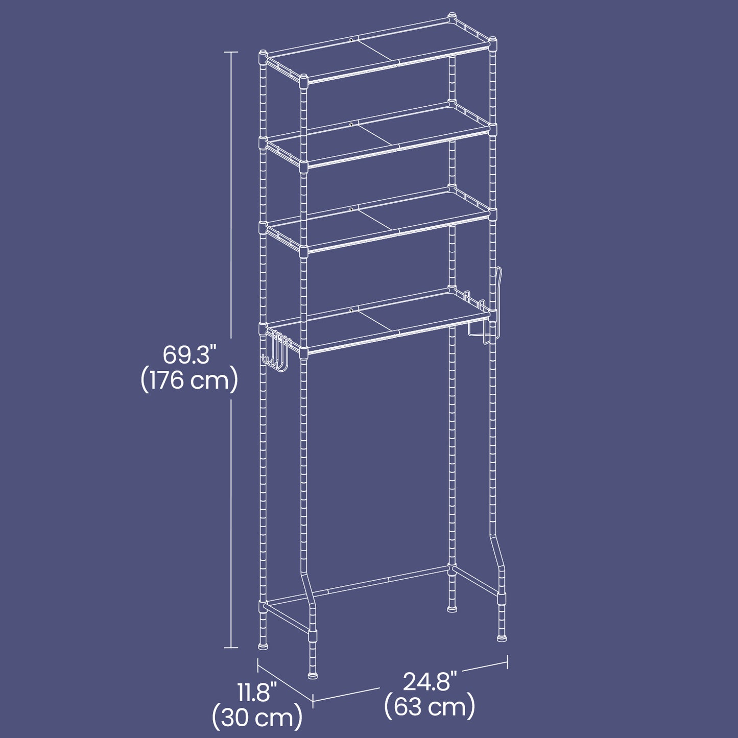 4-Tier Over-The-Toilet Storage Shelf with Adjustable Shelves & Hooks, Space-Saving Bathroom Organizer with Roll Holder, Black