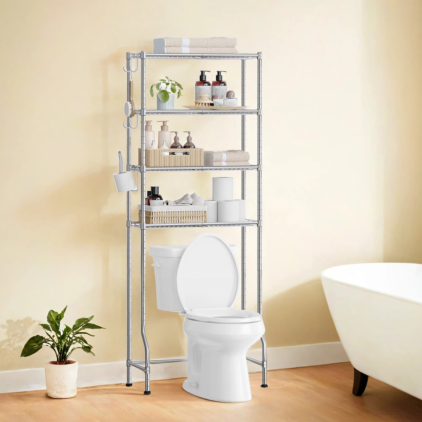 4-Tier Over-The-Toilet Storage Shelf Organizer with Adjustable Shelves, Toilet Paper Holder & 4 Hooks, Space-Saving Metal Rack, Silver