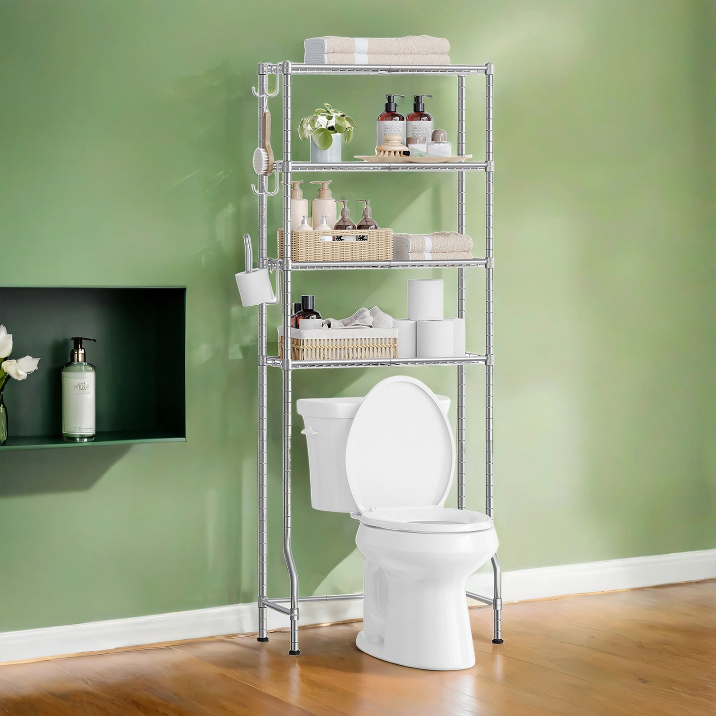 4-Tier Over-The-Toilet Storage Shelf Organizer with Adjustable Shelves, Toilet Paper Holder & 4 Hooks, Space-Saving Metal Rack, Silver