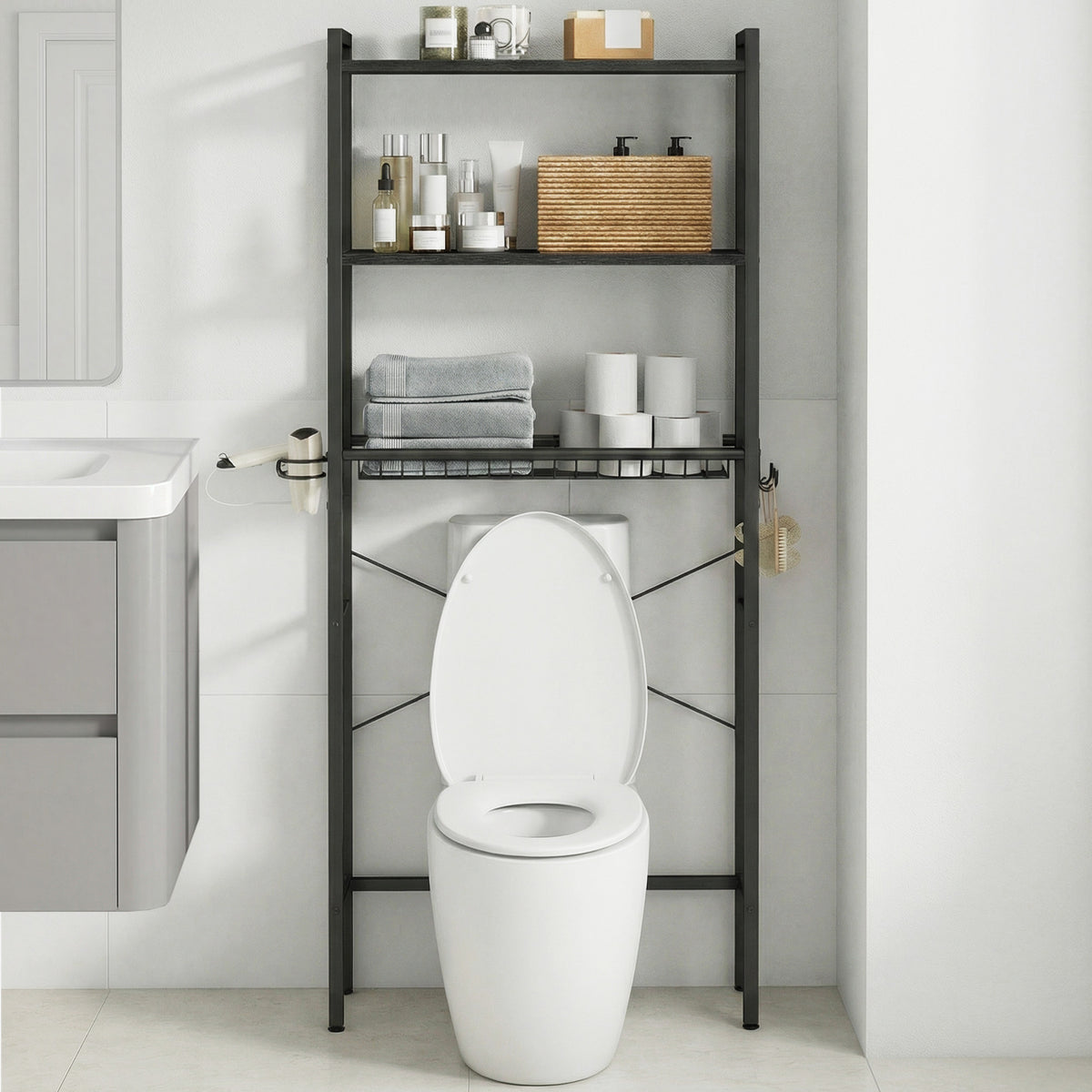 Over the Toilet Storage, Bathroom Organizer with Adjustable Shelves & Basket, 3 Hooks, Space-Saving, 63" Tall, Ebony Black