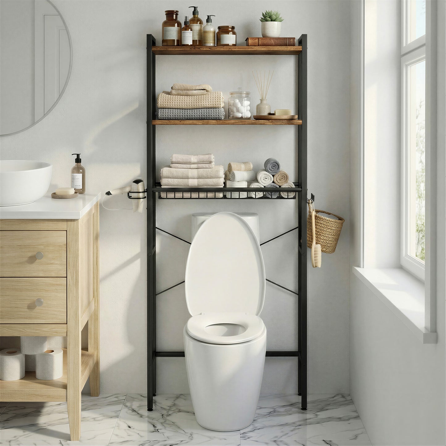 Over the Toilet Storage, Bathroom Organizer with Adjustable Shelves & Basket, 3 Hooks, Space-Saving, 63" Tall, Rustic Brown