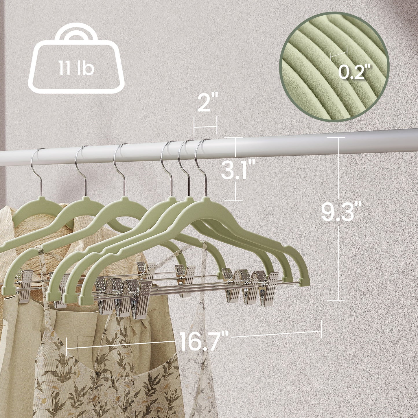 30-Pack Adjustable Non-Slip Velvet Hangers with Movable Clips, Heavy-Duty Space-Saving for Pants, Skirts, Dresses, Coats , Pale Green
