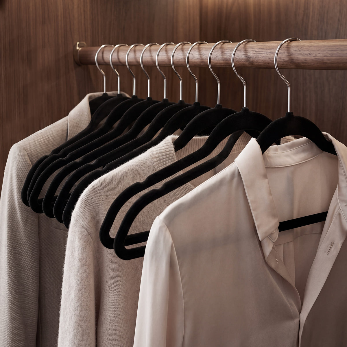 LEDREM Velvet Hangers 100 Pack, Space-Saving Non-Slip for Closet, Silver Swivel Hooks, Black