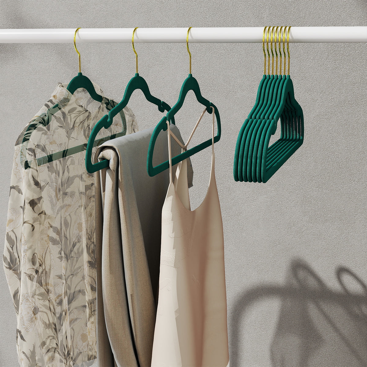LEDREM Velvet Hangers 50 Pack, Non-Slip Clothes Hangers, Suit Hangers with Shoulder Notches, Pants Bar, 360° Swivel Hook, for Closet, Green