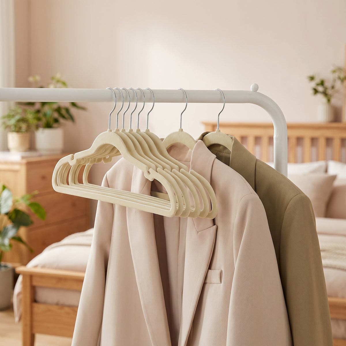LEDREM Velvet Hangers 50 Pack, Non-Slip Clothes Hangers, Suit Hangers with Shoulder Notches, Pants Bar, 360° Swivel Hook, for Closet, Beige