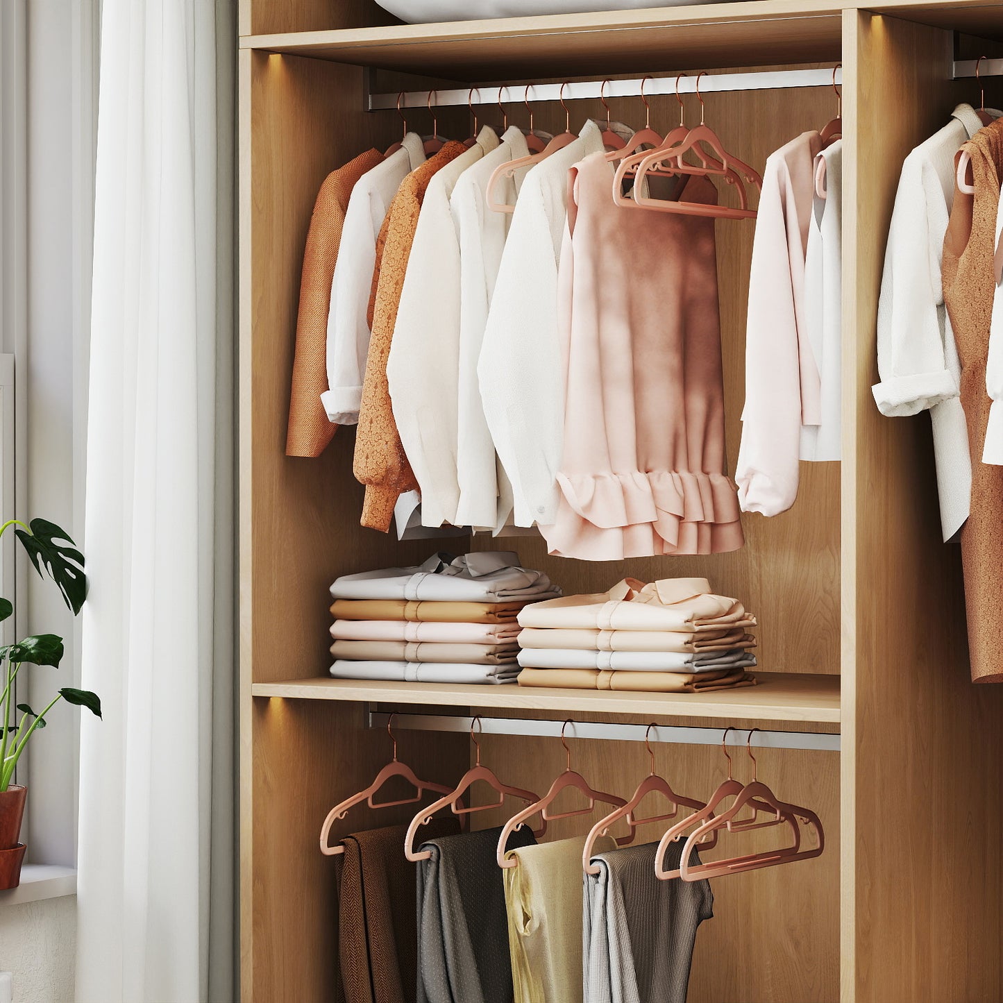 50-Pack Heavy-Duty Slim Plastic Coat Hangers with Non-Slip Grips, 360° Swivel Rose Gold Hooks, Space-Saving Design for Jackets, Pants & Delicates ,Light Pink