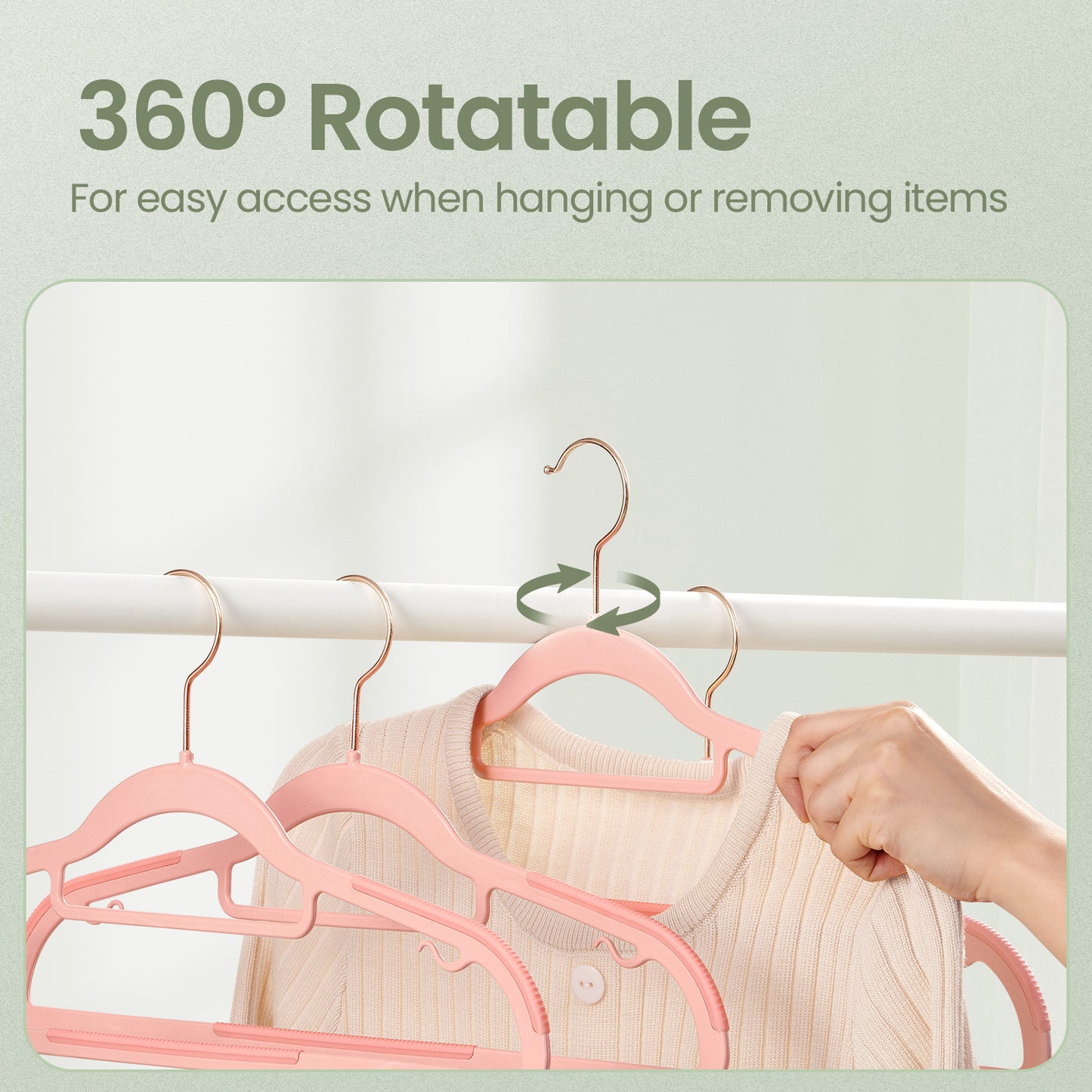 50-Pack Heavy-Duty Slim Plastic Coat Hangers with Non-Slip Grips, 360° Swivel Rose Gold Hooks, Space-Saving Design for Jackets, Pants & Delicates ,Light Pink