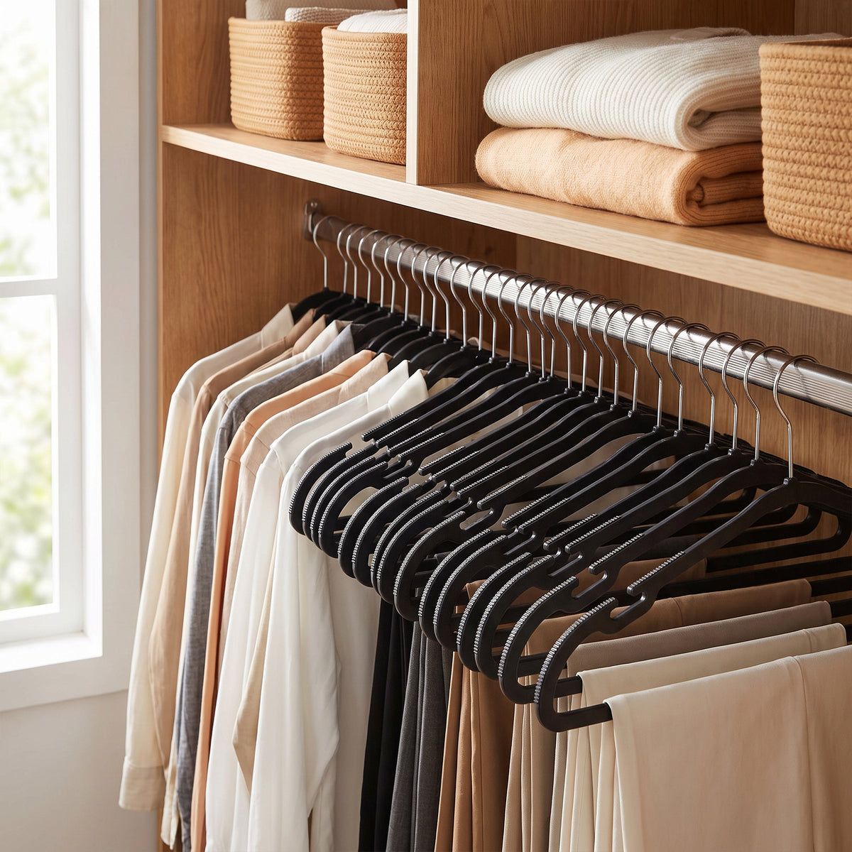 LEDREM Heavy-Duty Plastic Coat Hangers 50 Pack, Space-Saving with Non-Slip Notches, 16.4 x 0.2 x 8.4 inches, Black