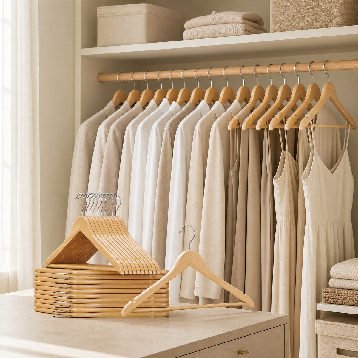 LEDREM Solid Wood Hanger, Set of 20, with Shoulder Grooves, for Suits, Shirts, Coats, Yellow and Silver