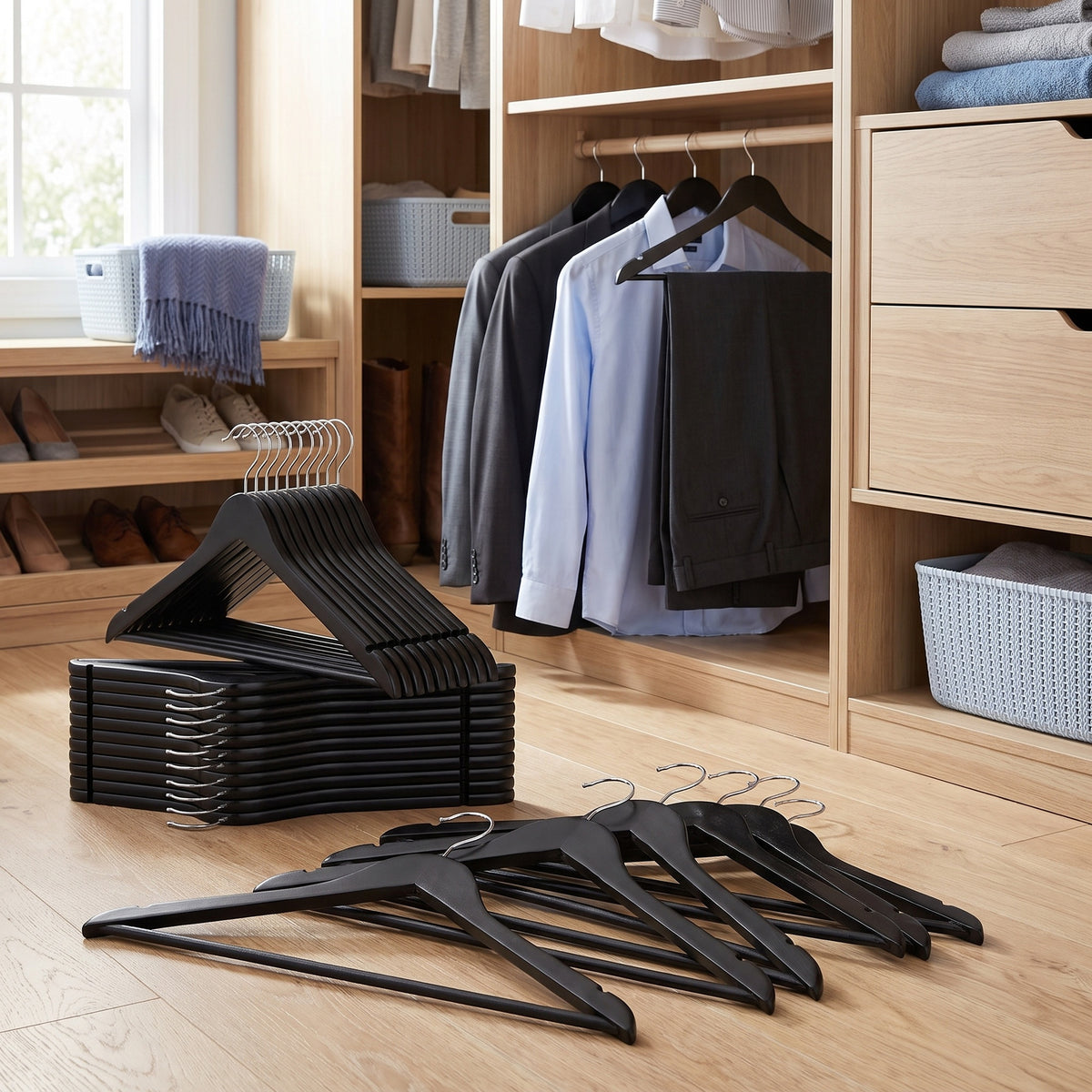 LEDREM Solid Wood Hanger, Set of 20, with Shoulder Grooves, for Suits, Shirts, Coats, Black and Silver