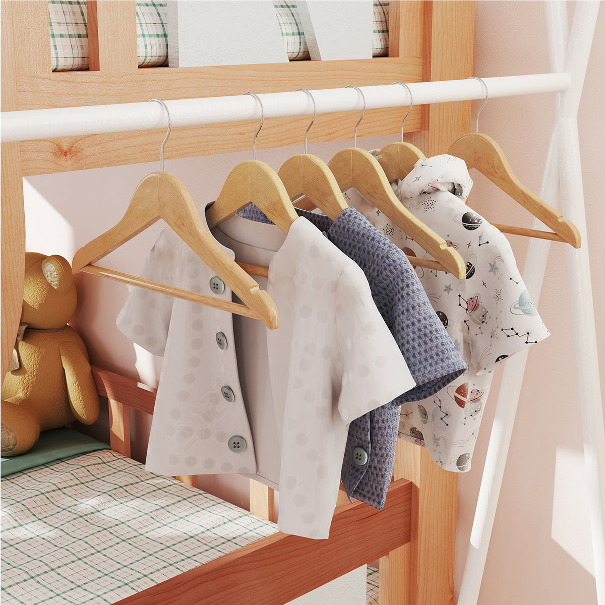 LEDREM Kids Wooden Hangers 20 Pack, Solid Wood Coat Hangers with Pants Bar and Swivel Hooks, 12.8 x 7.9 x 0.5 Inches, Natural