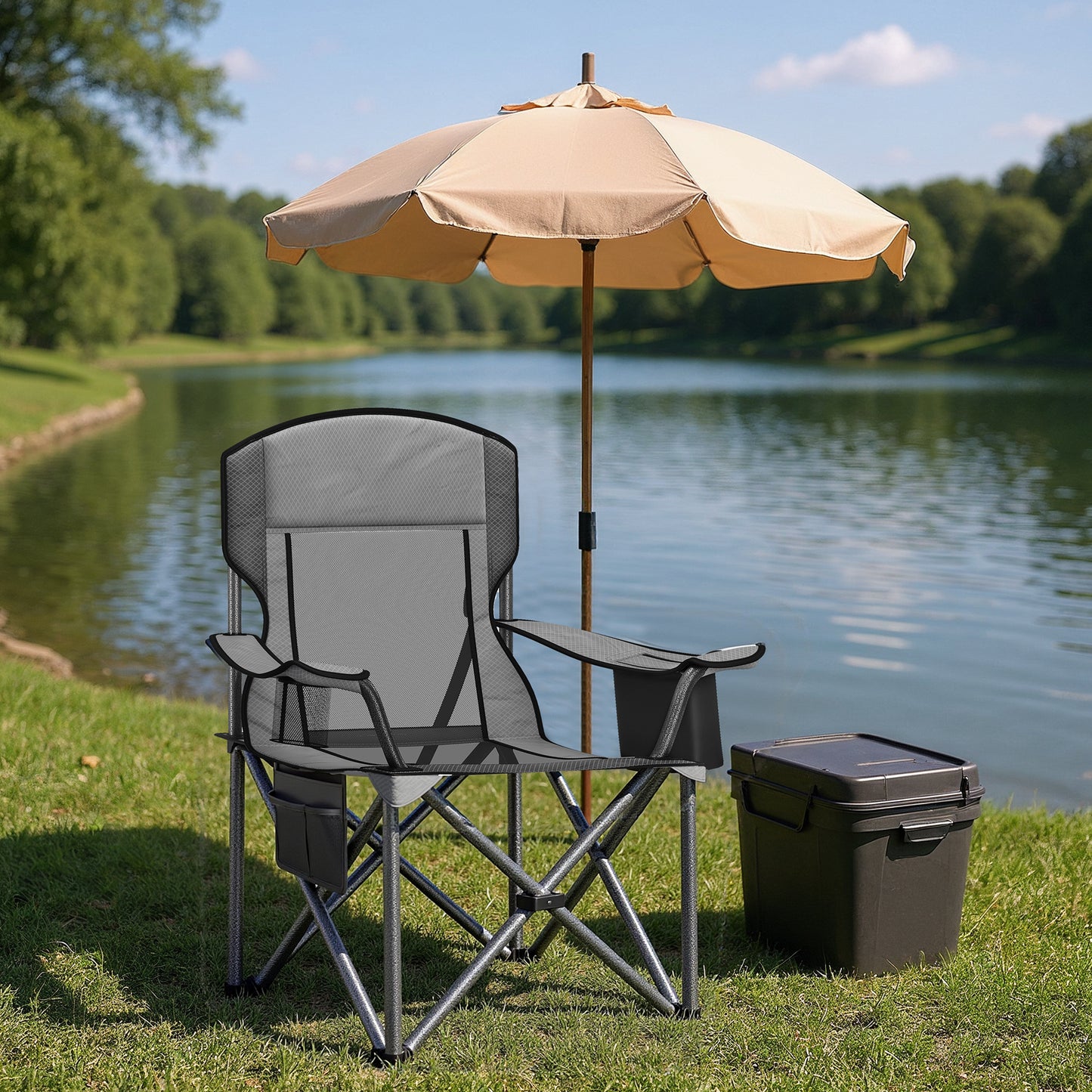Folding Camping Chair with Adjustable Armrests and Cooler Bag, 352 lb Weight Capacity, Breathable Mesh Design, Slate Gray