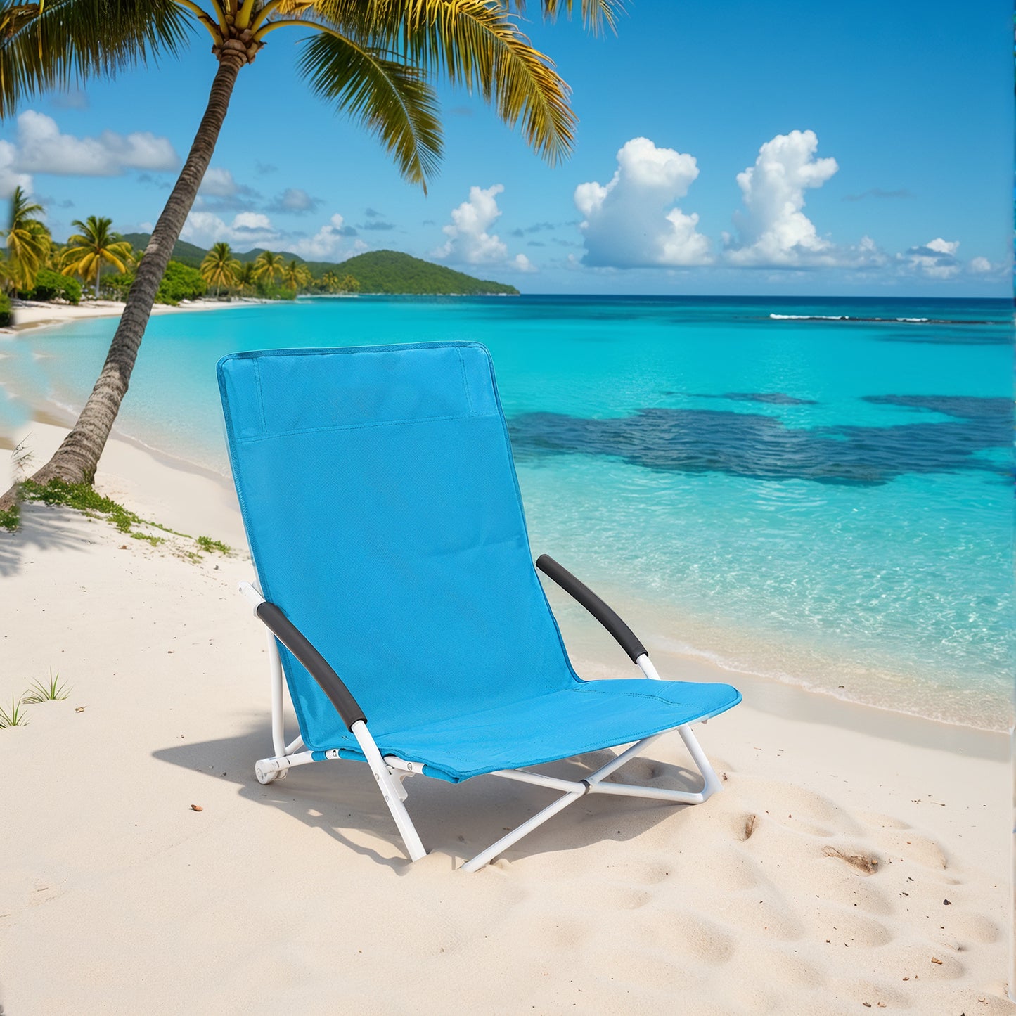 Heavy-Duty Portable Outdoor Chair with High Backrest & Cup Holder, Supports 330 lb, Folding Design with Carry Bag, Light Blue