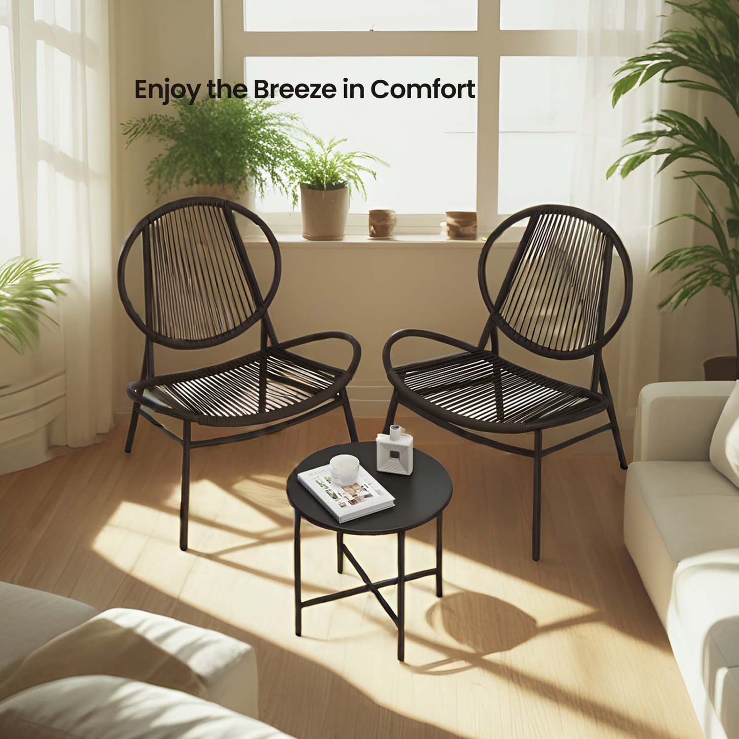 3-Piece Acapulco Bistro Set, 2 Chairs & Side Table, 286lb Capacity, Indoor, Outdoor Patio Furniture for Balcony, Ink Black
