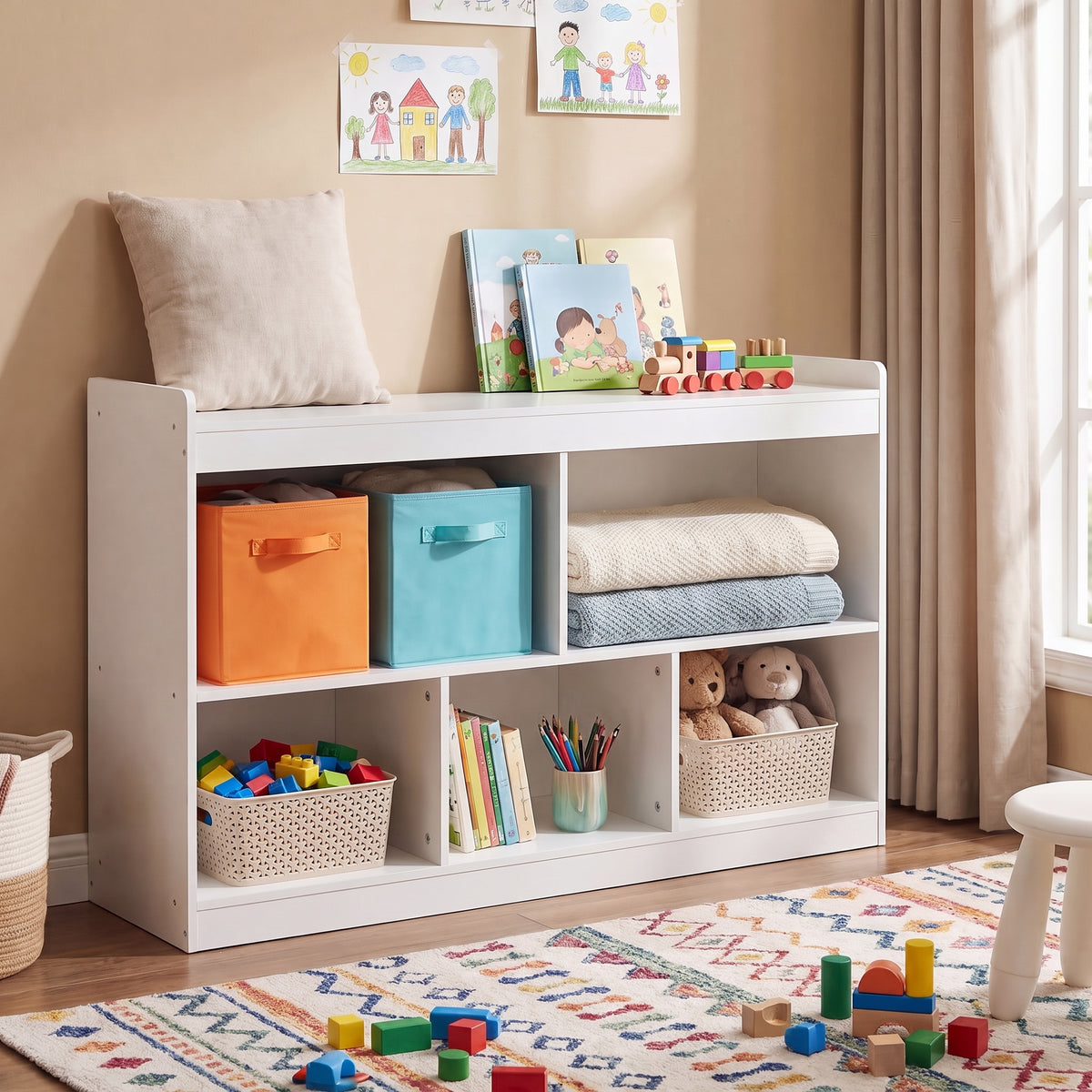 Montessori Storage Shelf with 5 Open Compartments for Playroom, 44.2 x 11.8 x 25.6 Inches, White