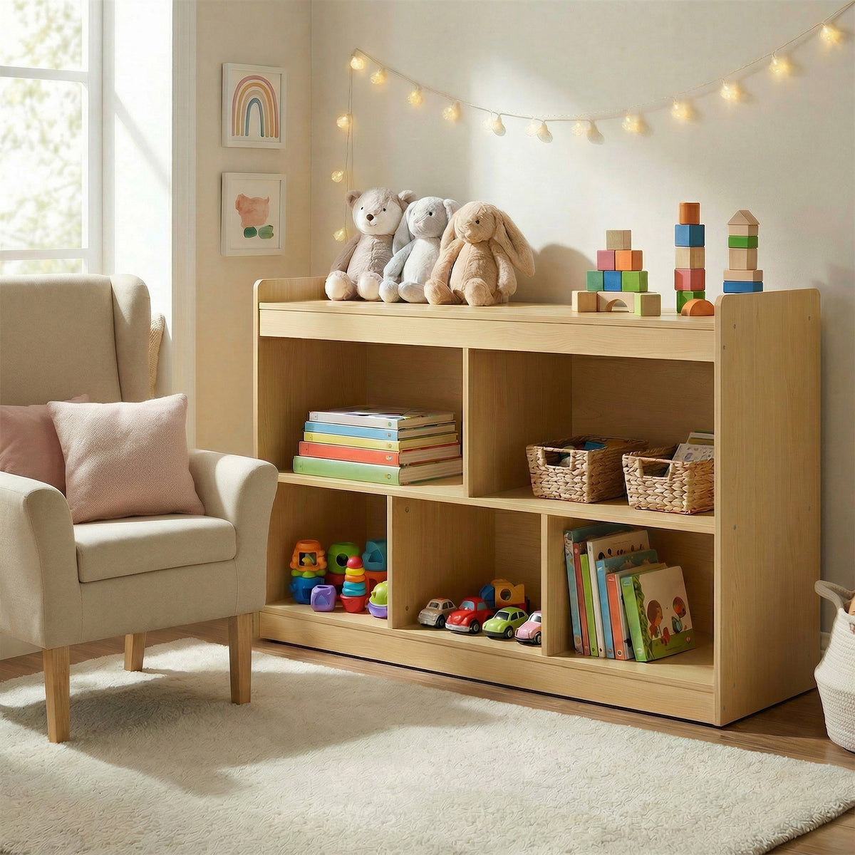 Montessori Kids' Toy Storage Shelf with 5 Open Compartments for Playroom, 44.2 x 11.8 x 25.6 Inches, Yellow