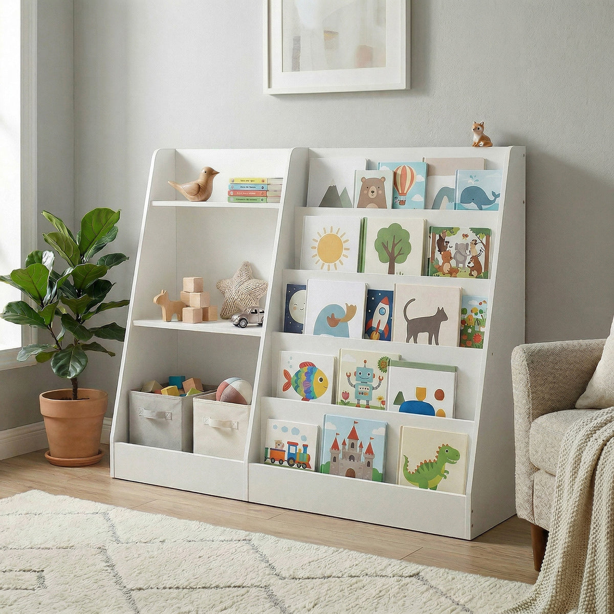Kids Bookcase, 5-Tier Front-Facing Montessori Bookshelf, 40.8 x 11.8 x 31.5 inches, White