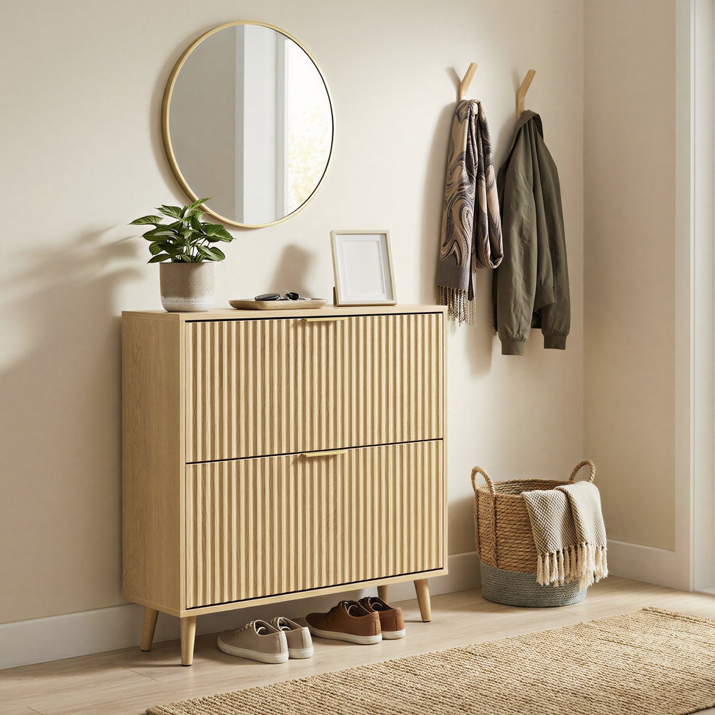 Shoe Storage Cabinet with 2 Flip Drawers, Narrow Entryway Organizer, Fluted Doors, Fits 12-16 Pairs, Mid Century Modern, Oak Beige