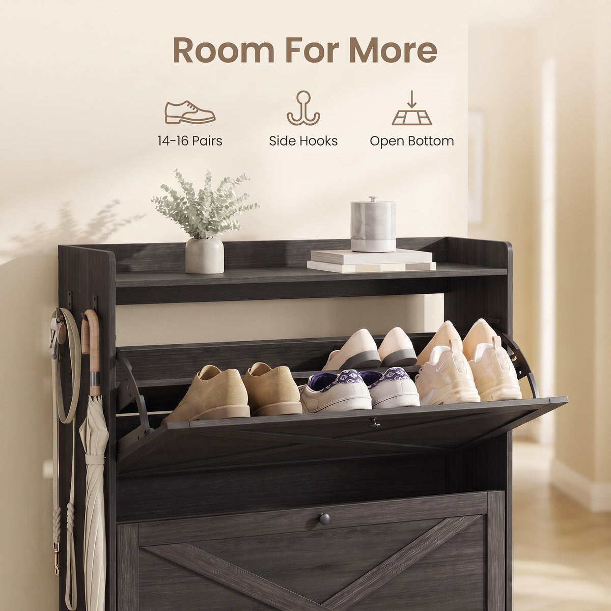 Freestanding Narrow Shoe Rack Cabinet, Shoe Storage Cabinet Organizer with 2 Flip Drawers, Fits 14 to 16 Pairs, Smoky Black