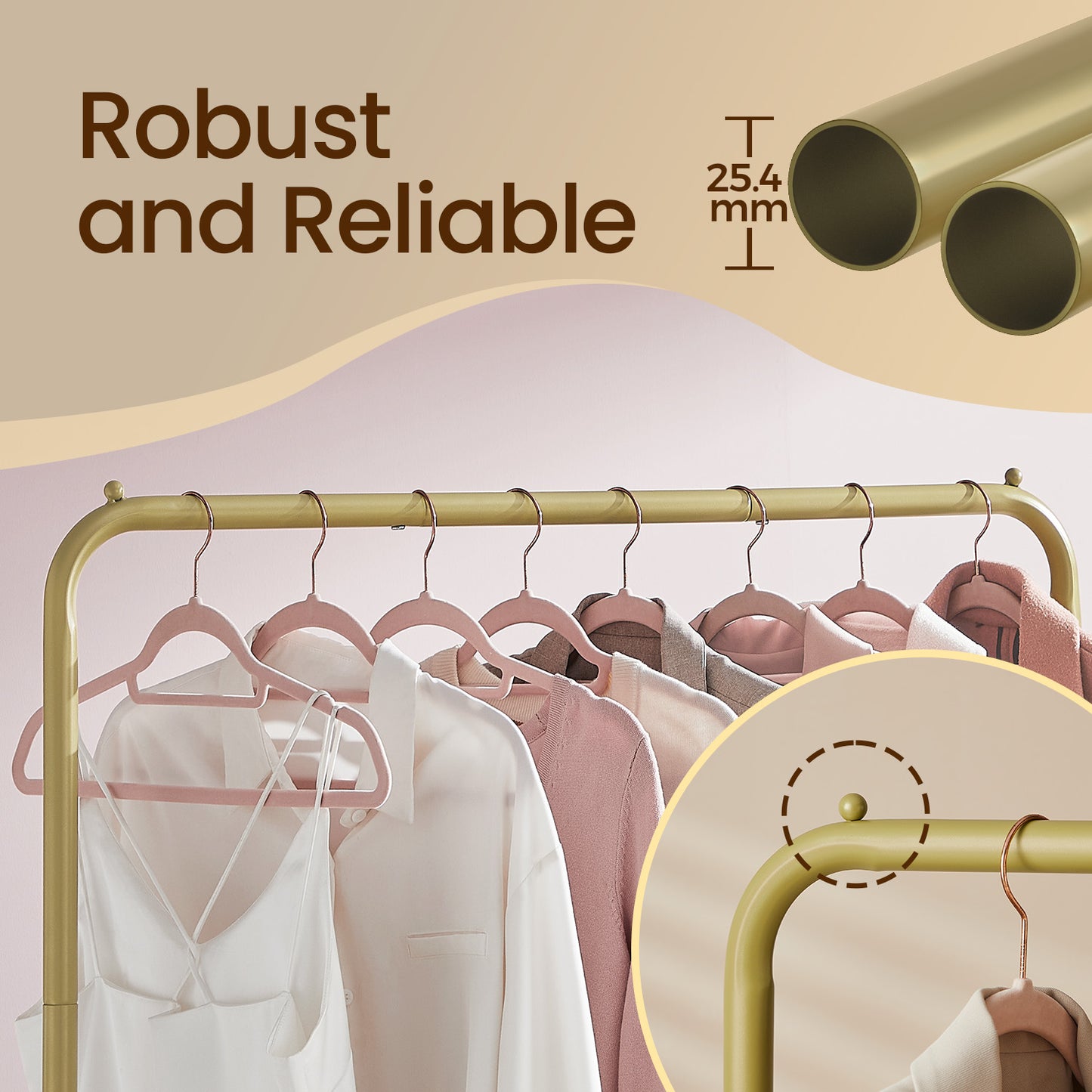 Heavy-Duty Rolling Garment Rack with Dense Mesh Shelf - 25.4mm Steel Frame, 110lb Capacity, 2 Locking Wheels, Fits 40+ Shirts, Gold