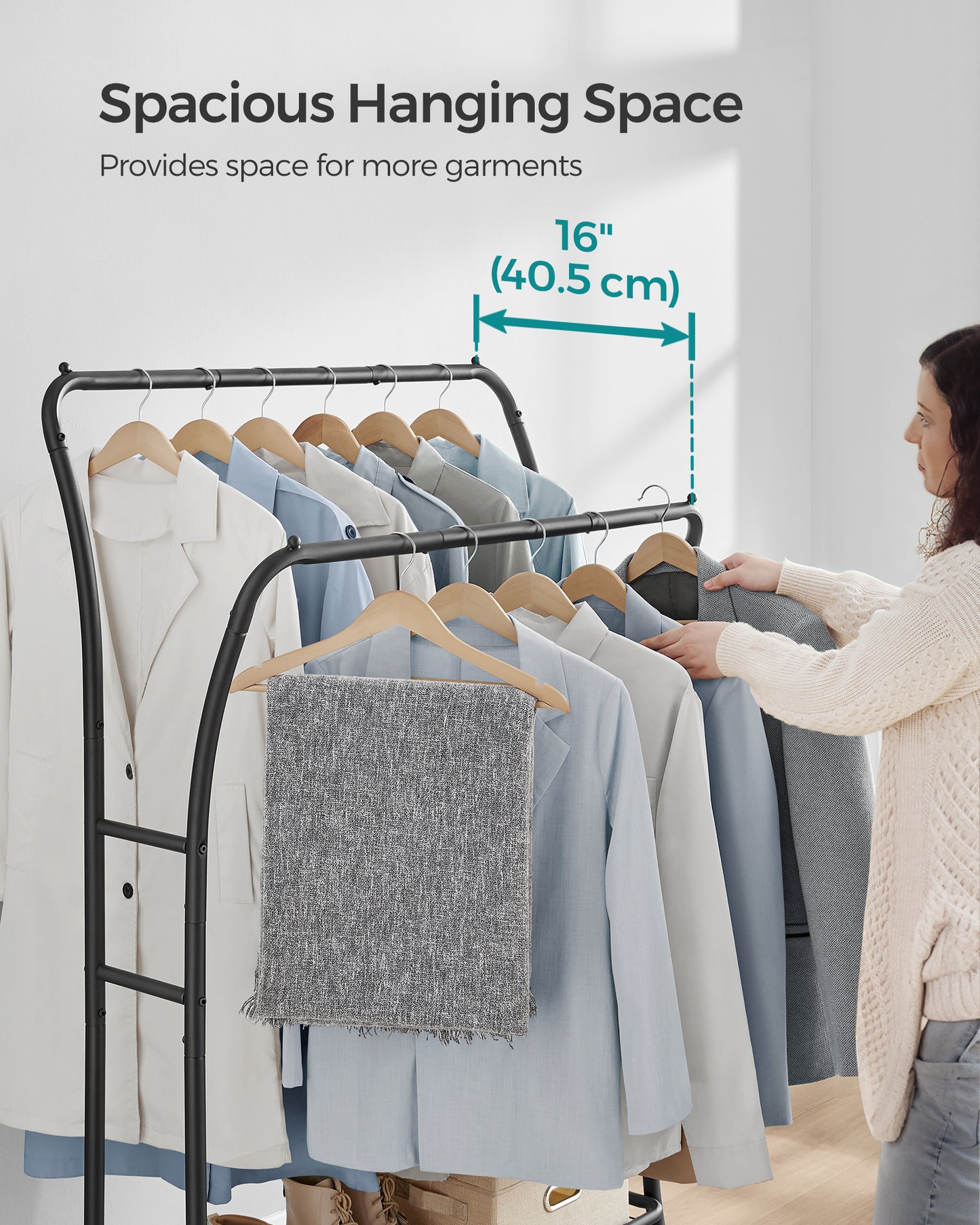 Clothes Rack, Heavy-Duty Garment Rack with Double Rods & Shelves, Clothing Storage with 6 Hooks for Bedroom Living Room, Ink Black