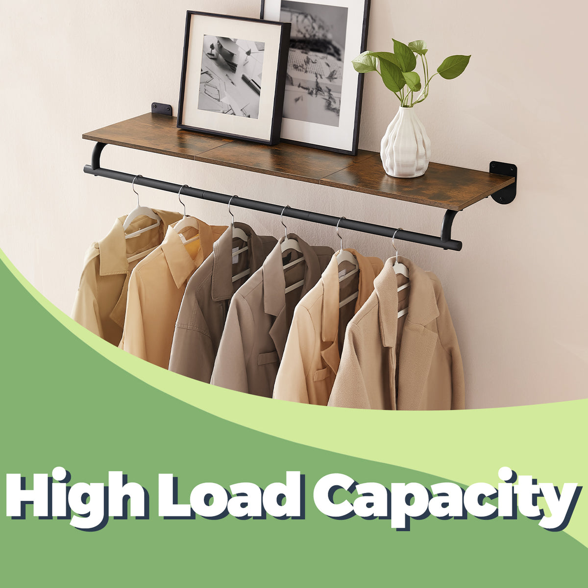LEDREM Clothes Rack with Top Shelf, Wall Mounted Clothing Rack, with Hanging Rod, Entryway, Bedroom, Closet, Black and Tan