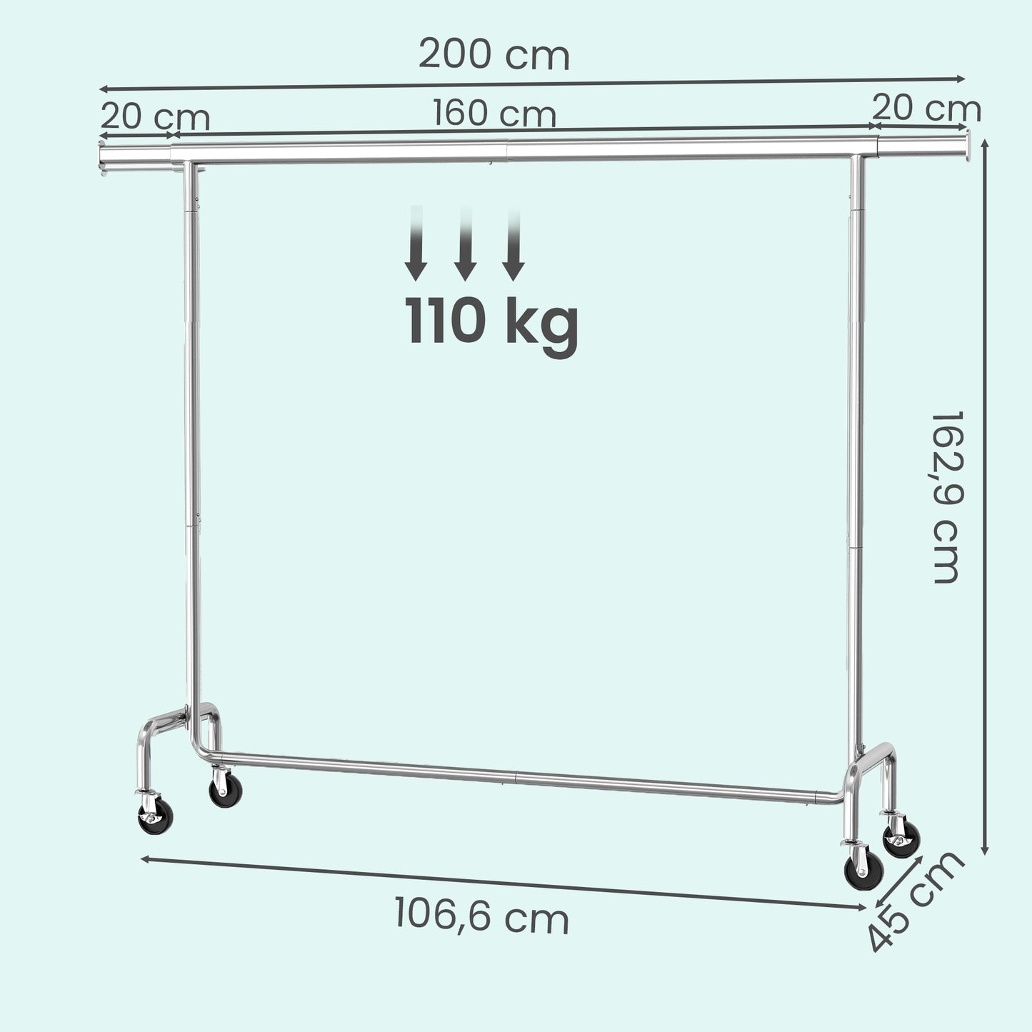 Extendable Heavy-Duty Clothes Rack with Wheels, 243 lb Capacity Garment Rack for Bedroom and Laundry, Chrome-Plated Silver
