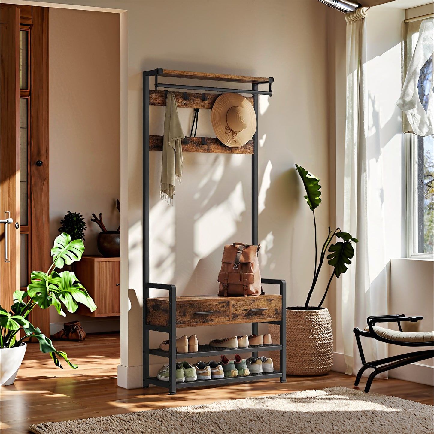 6-in-1 Hall Tree with Bench, Entryway Organizer with 10 Hooks & 2 Fabric Drawers, 71.5 Inch Coat Rack, Vintage Brown & Ink Black