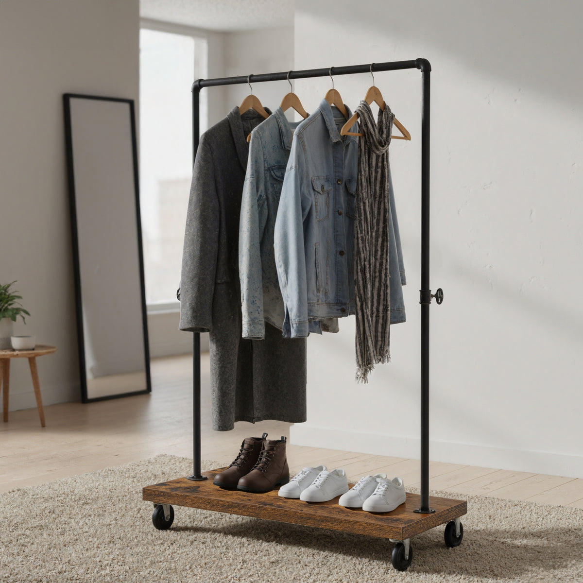 LEDREM Heavy-Duty Clothes Rack, Garment Rack with 38.8 Inches Hanging Rail, Bottom Storage Shelf, Rustic Brown and Black
