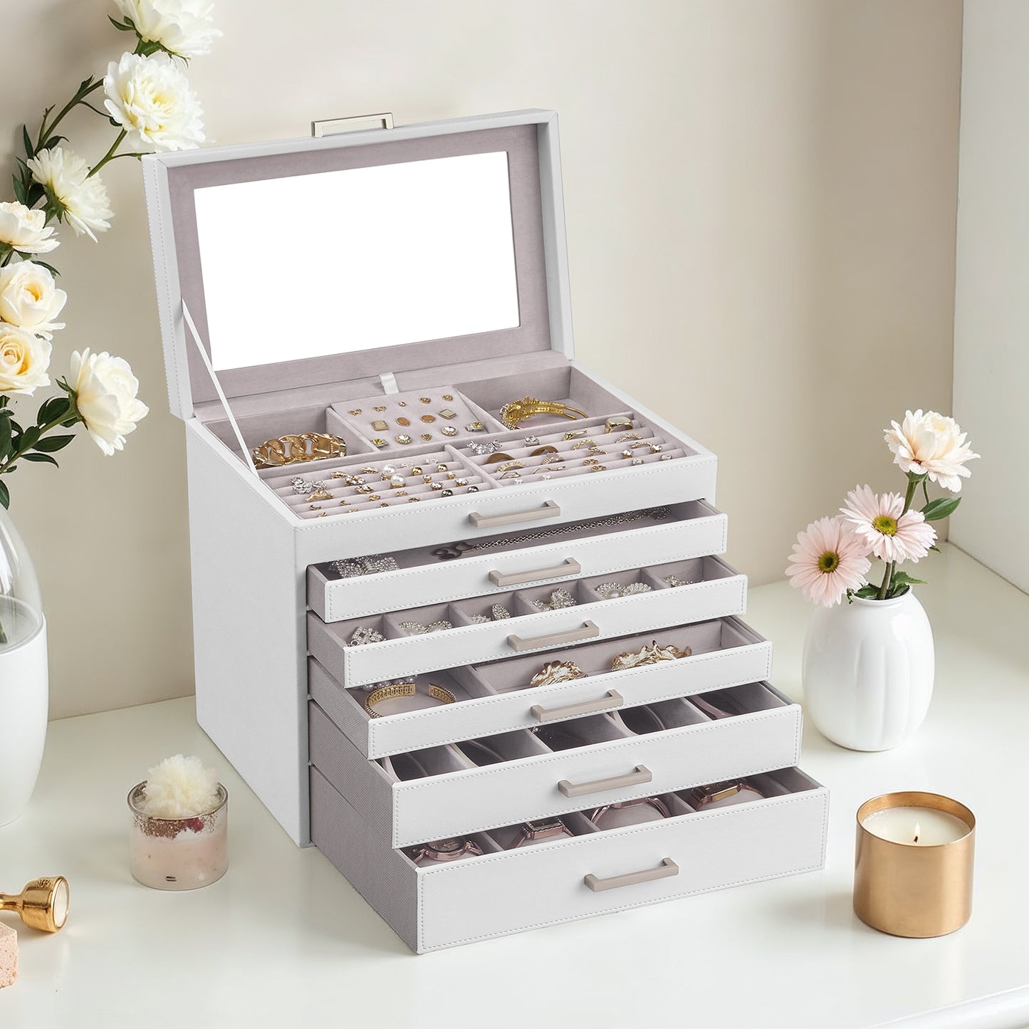 6-Tier Jewelry Organizer with Full-Length Mirror, 5 Velvet-Lined Drawers, Large Capacity Storage Case, Modern Gift Box for Women, White