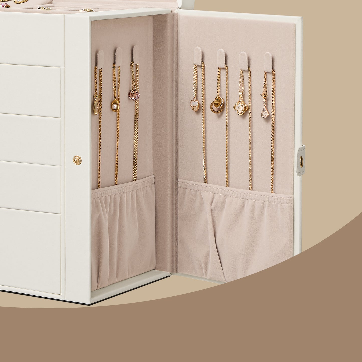 5-Layer Lockable Jewelry Box with Mirror and 4 Drawers, Large Storage Case for Necklaces Watches, Cream White