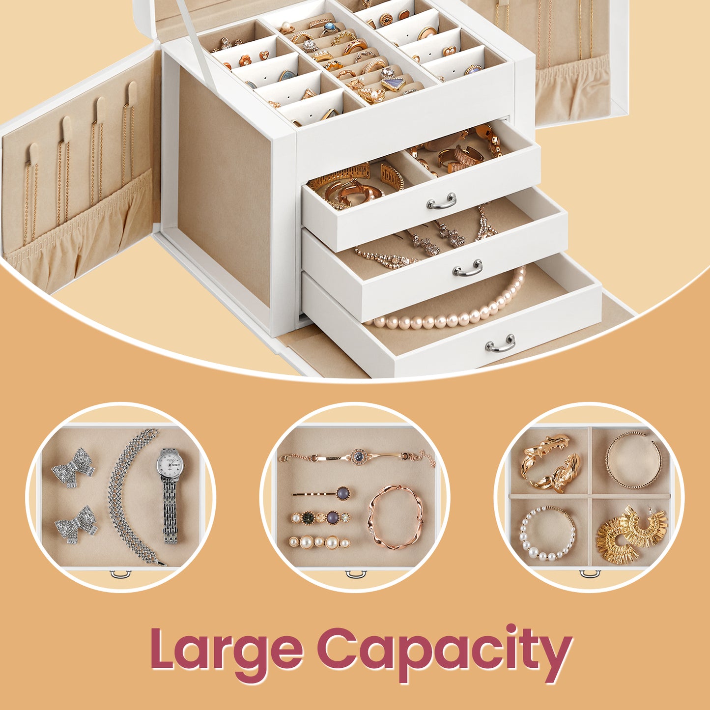 4-Tier Jewelry Organizer with Lock, Travel Jewelry Case with Mirror & 3 Drawers, Velvet-Lined Storage Box, Gift for Women, White