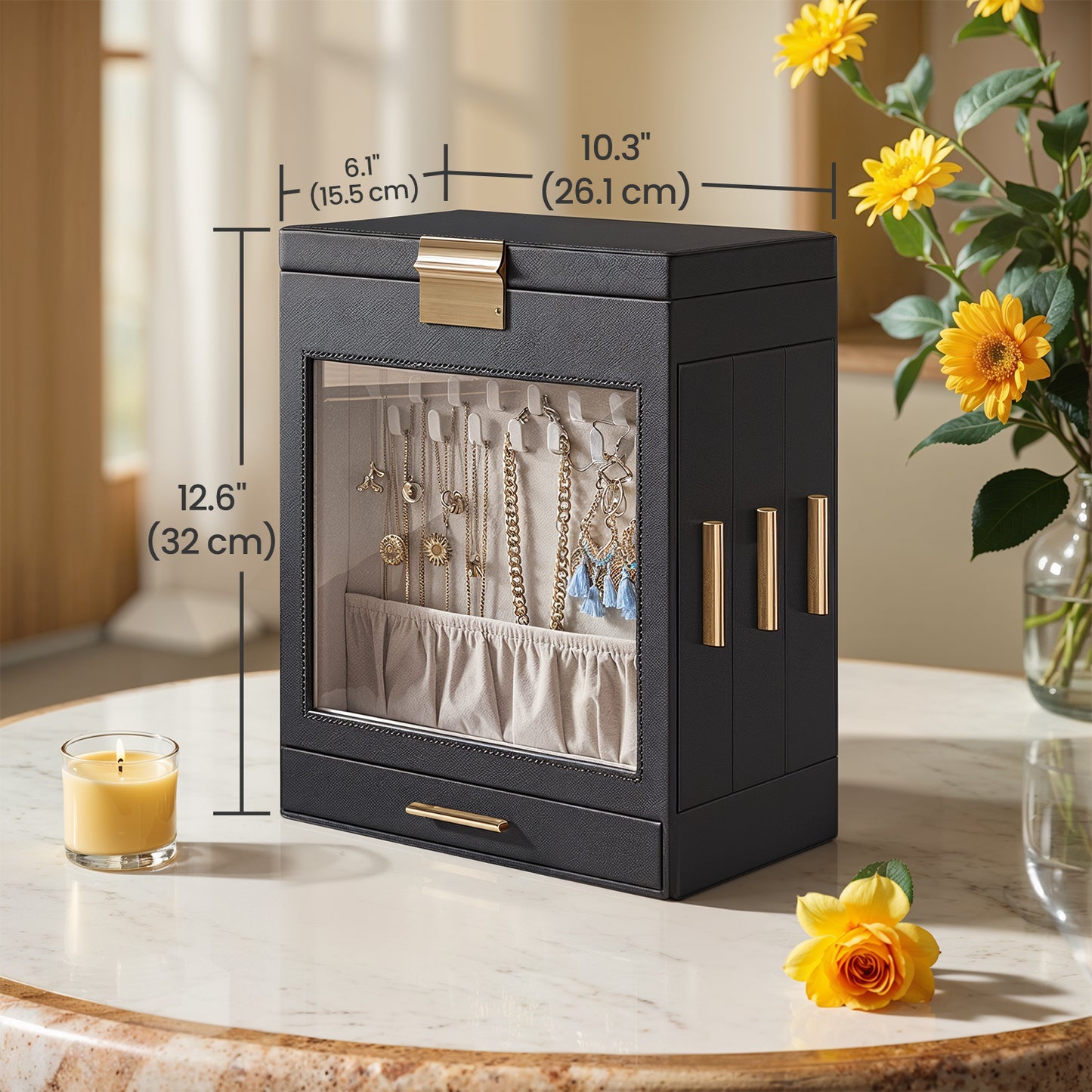 5-Layer Jewelry Organizer with Glass Window & 3 Adjustable Drawers, Hanging/Storage Design with Full Mirror, Modern Jewelry Case, Ink Black and Metallic Gold