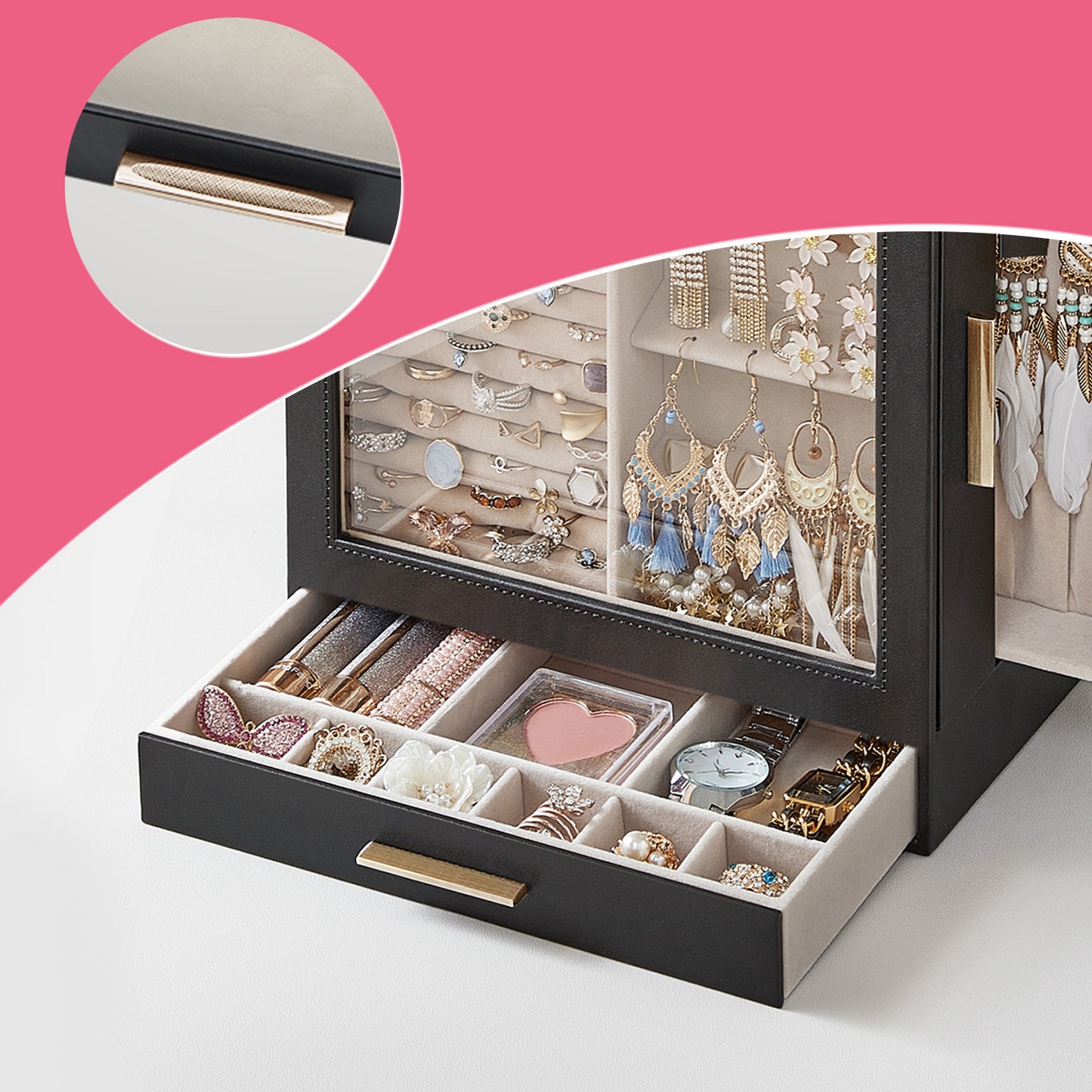5-Layer Jewelry Organizer with Glass Window & 3 Adjustable Drawers, Hanging/Storage Design with Full Mirror, Modern Jewelry Case, Ink Black and Metallic Gold