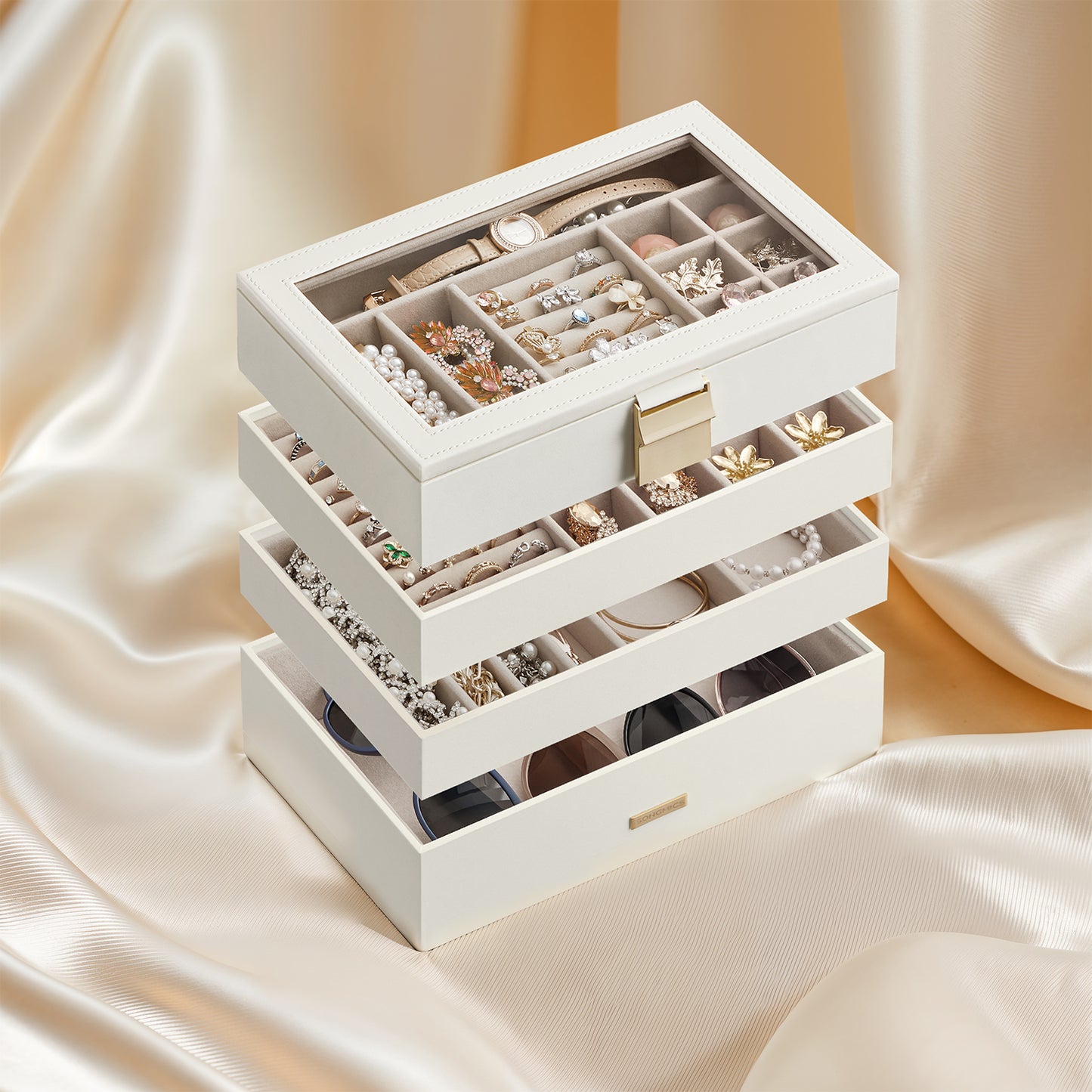 4-Tier Stackable Jewelry Box, Drawer Organizer with Glass Lid & Removable Dividers, 6.7x11 Inch Vanity Tray Set, Cloud White